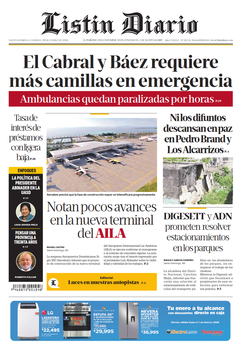 Portada Periódico Listín Diario, Viernes 30, Enero, 2026