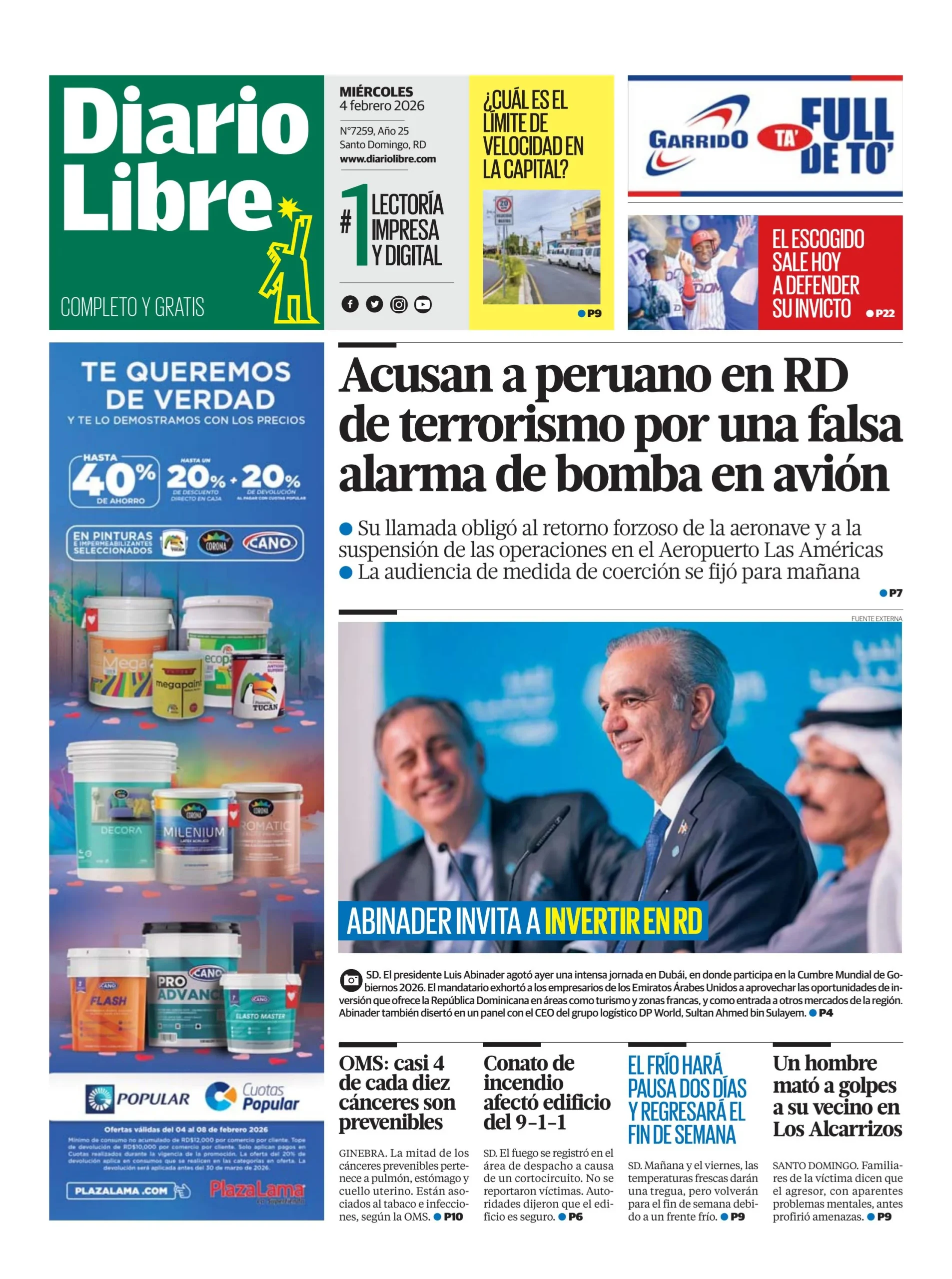 Portada Periódico Diario Libre, Jueves 05, Febrero, 2026