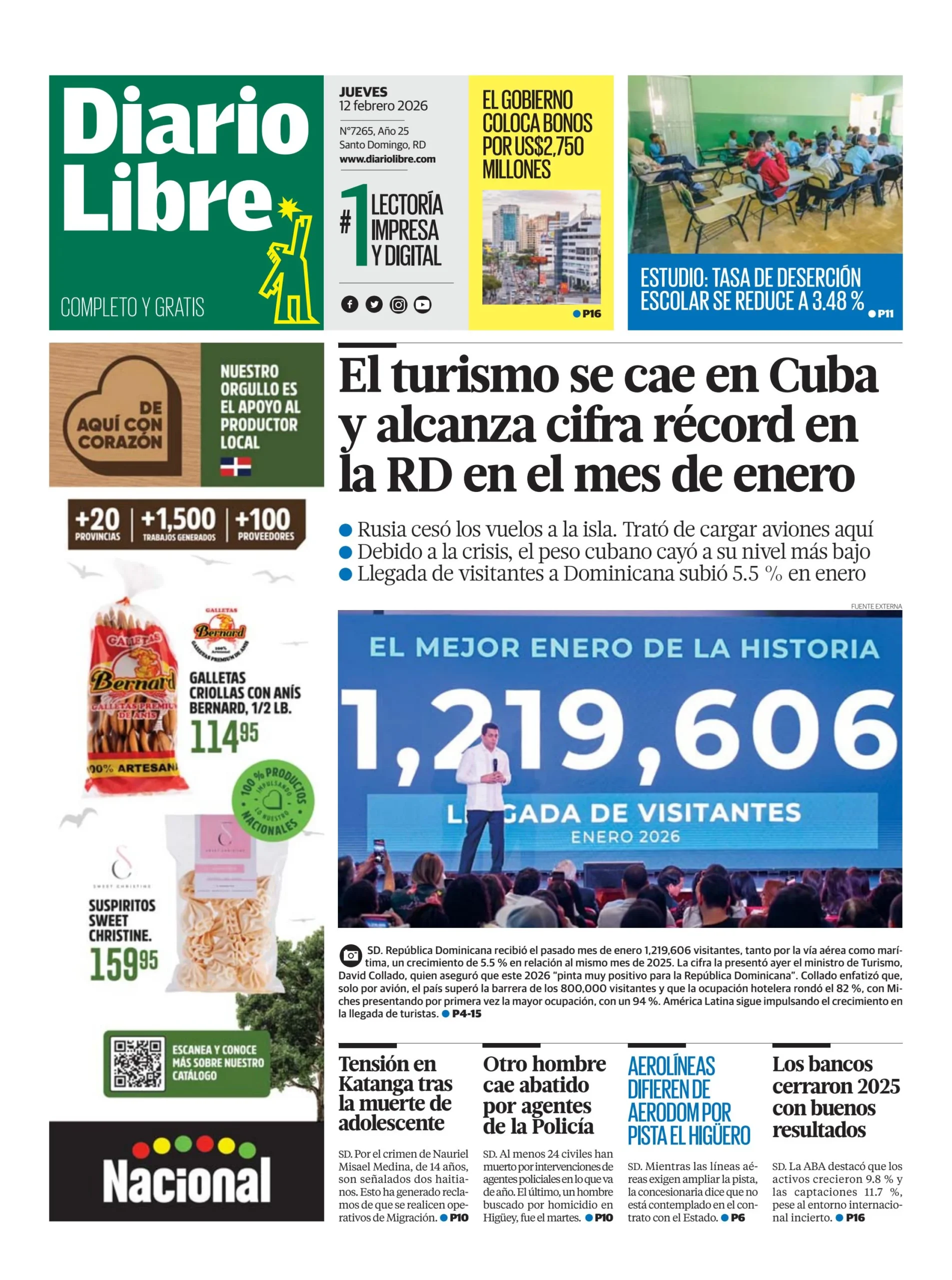 Portada Periódico Diario Libre, Jueves 12, Febrero, 2026