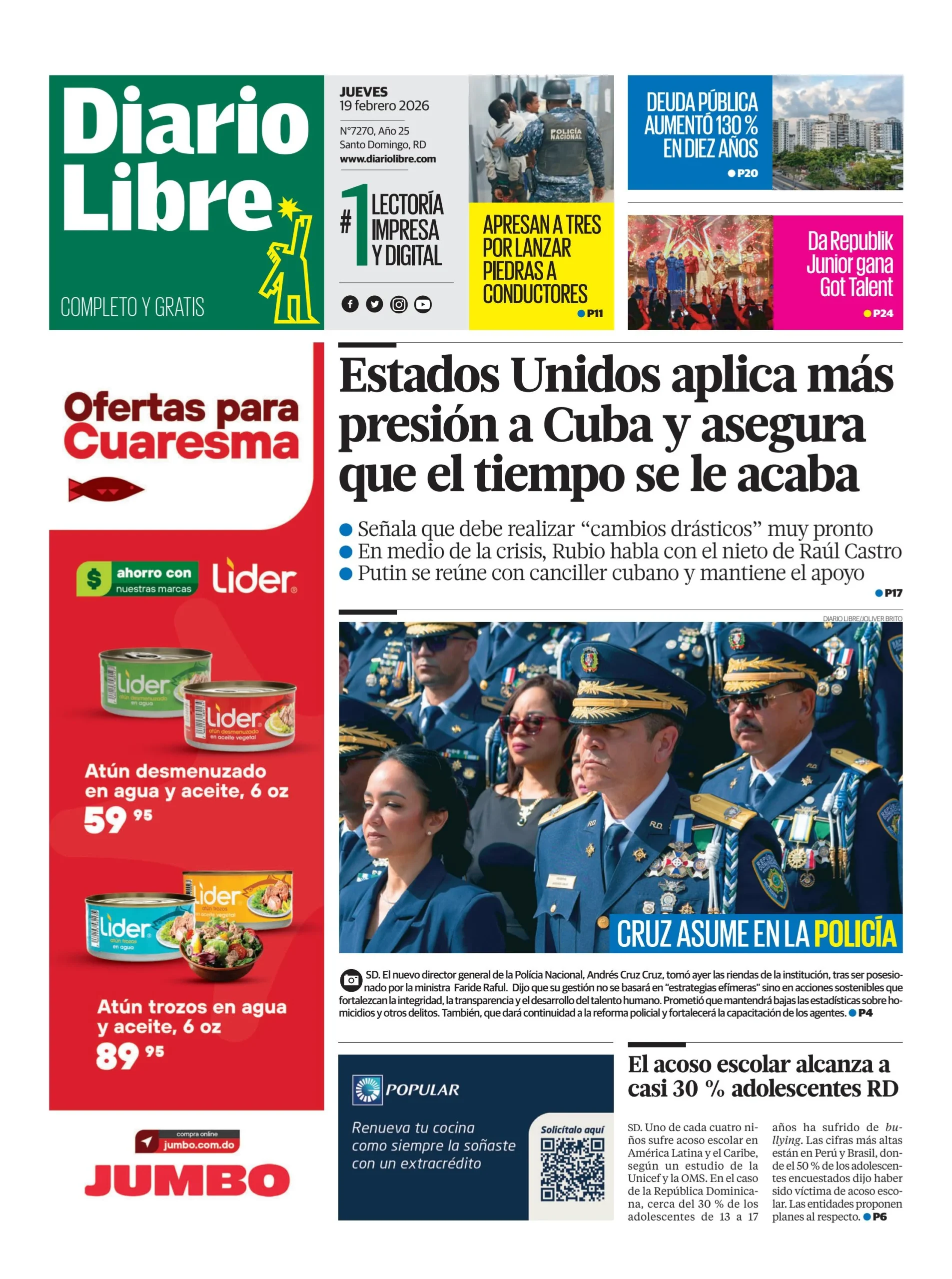 Portada Periódico Diario Libre, Jueves 19, Febrero, 2026