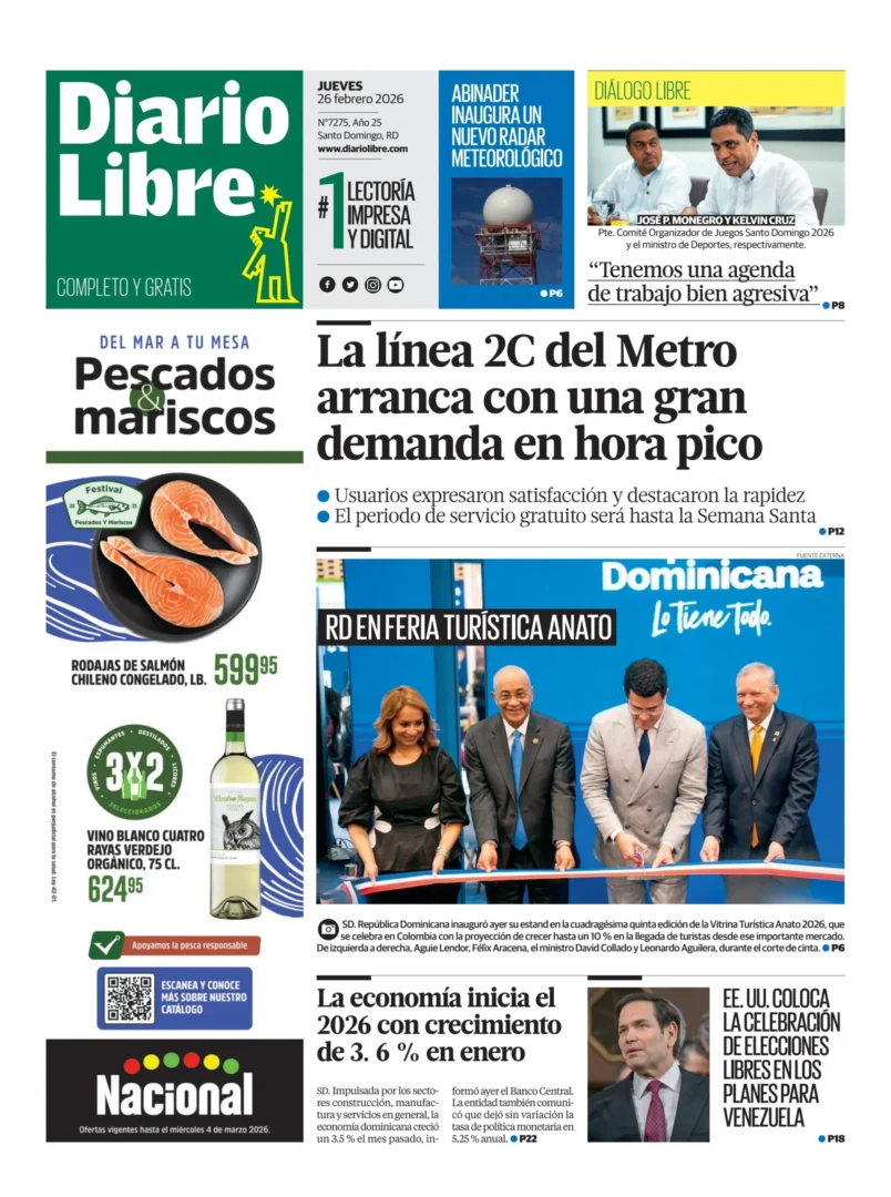 Portada Periódico Diario Libre, Jueves 26, Febrero, 2026