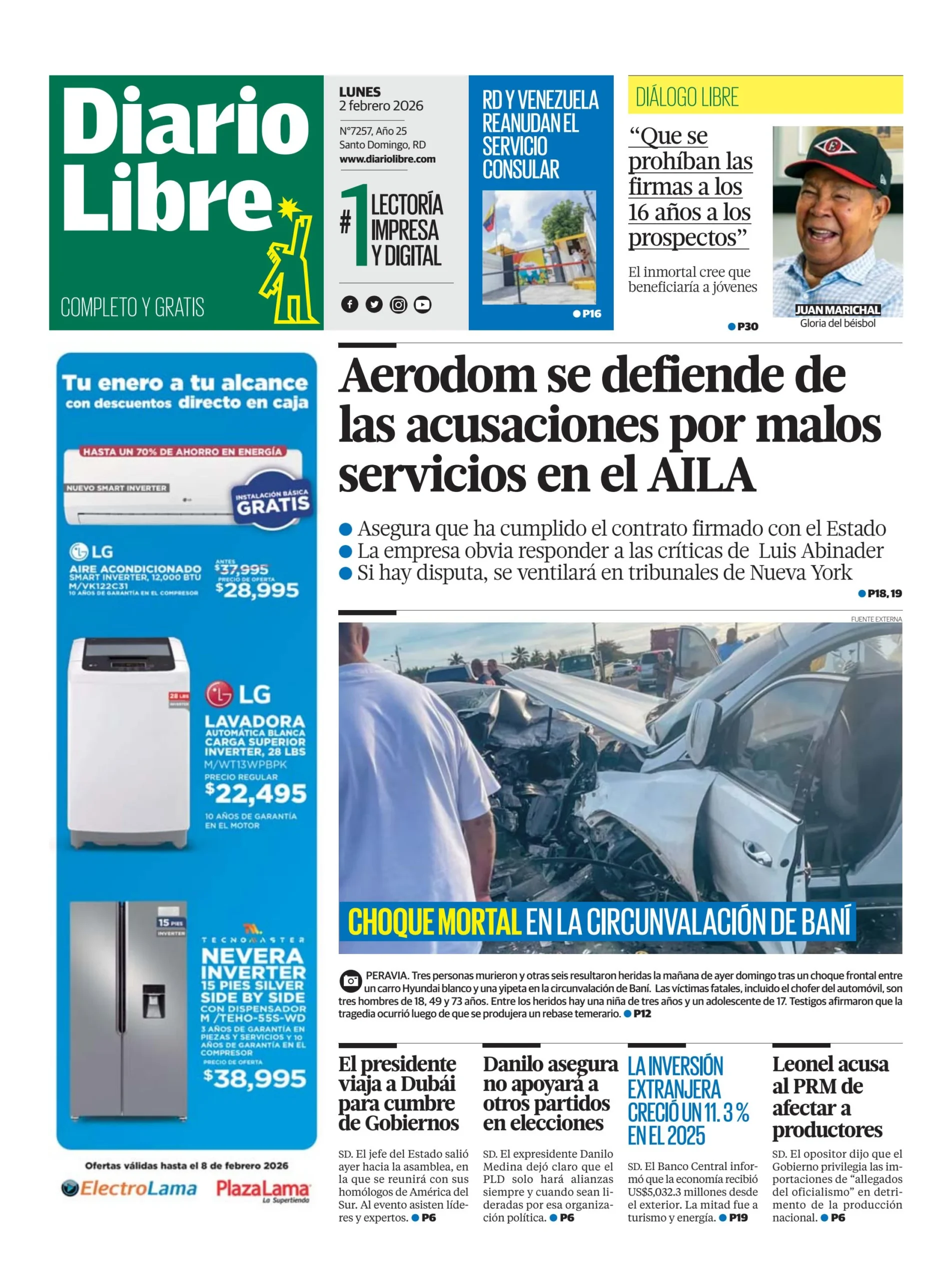 Portada Periódico Diario Libre, Lunes 02, Febrero, 2026