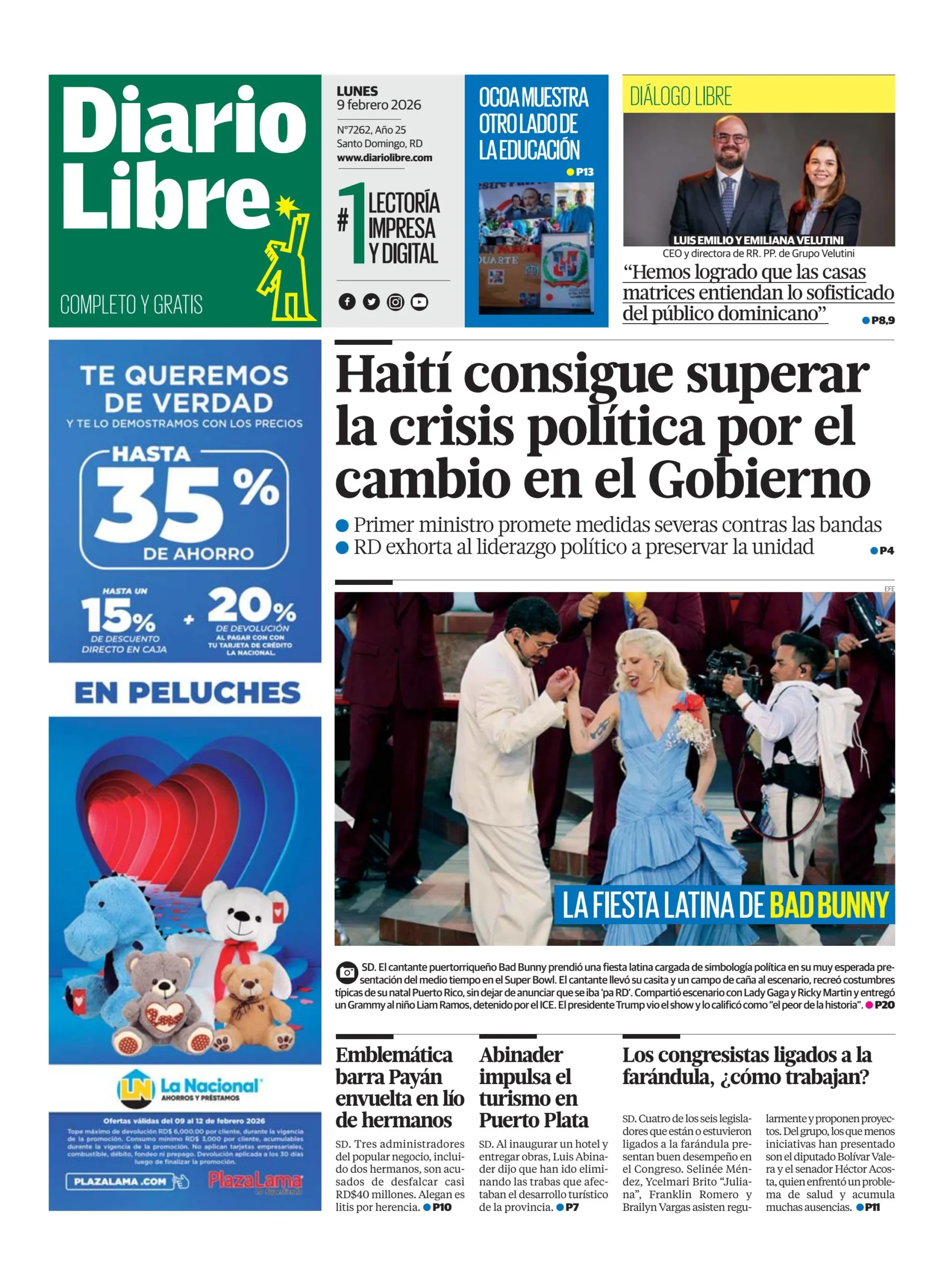 Portada Periódico Diario Libre, Lunes 09, Febrero, 2026