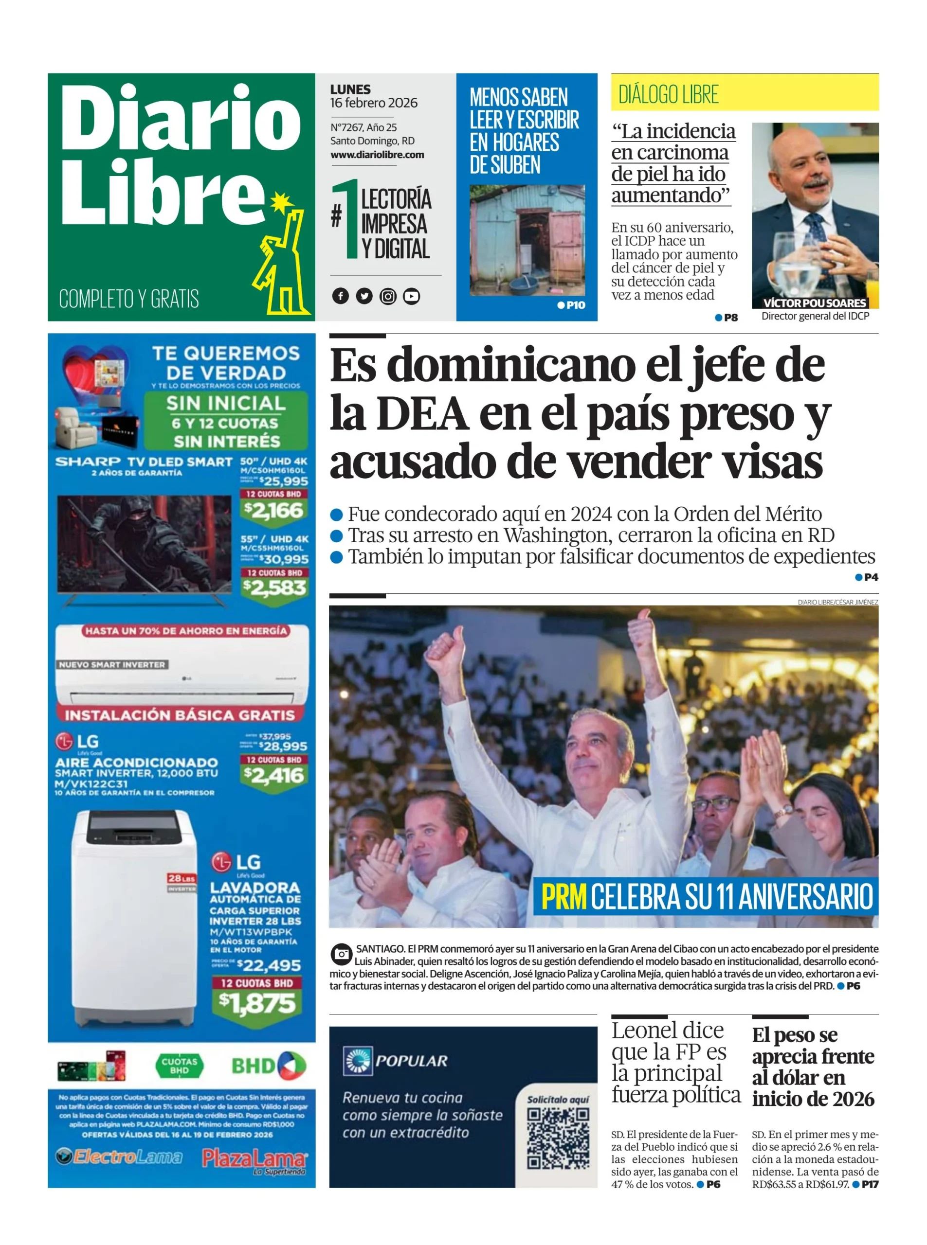 Portada Periódico Diario Libre, Lunes 16, Febrero, 2026