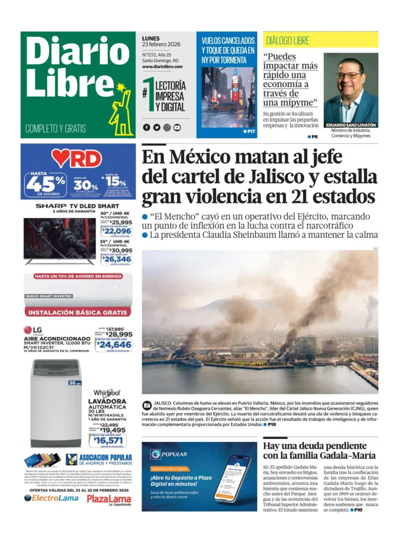Portada Periódico Diario Libre, Lunes 23, Febrero, 2026
