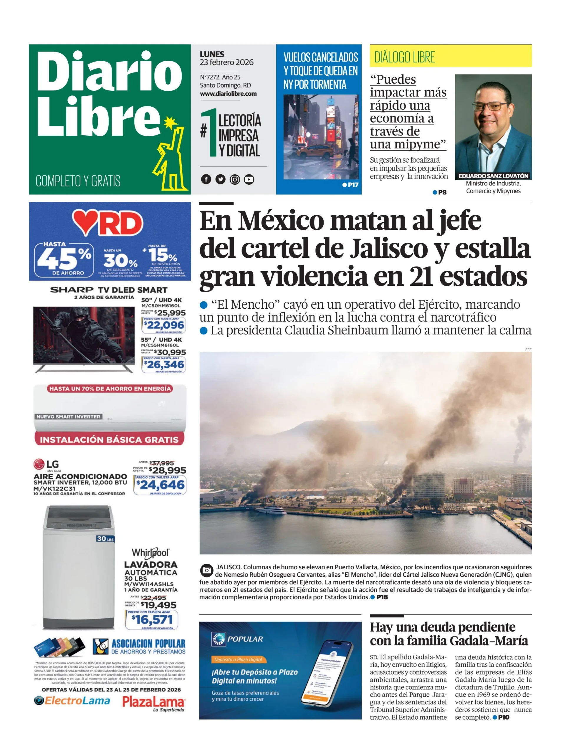 Portada Periódico Diario Libre, Lunes 23, Febrero, 2026