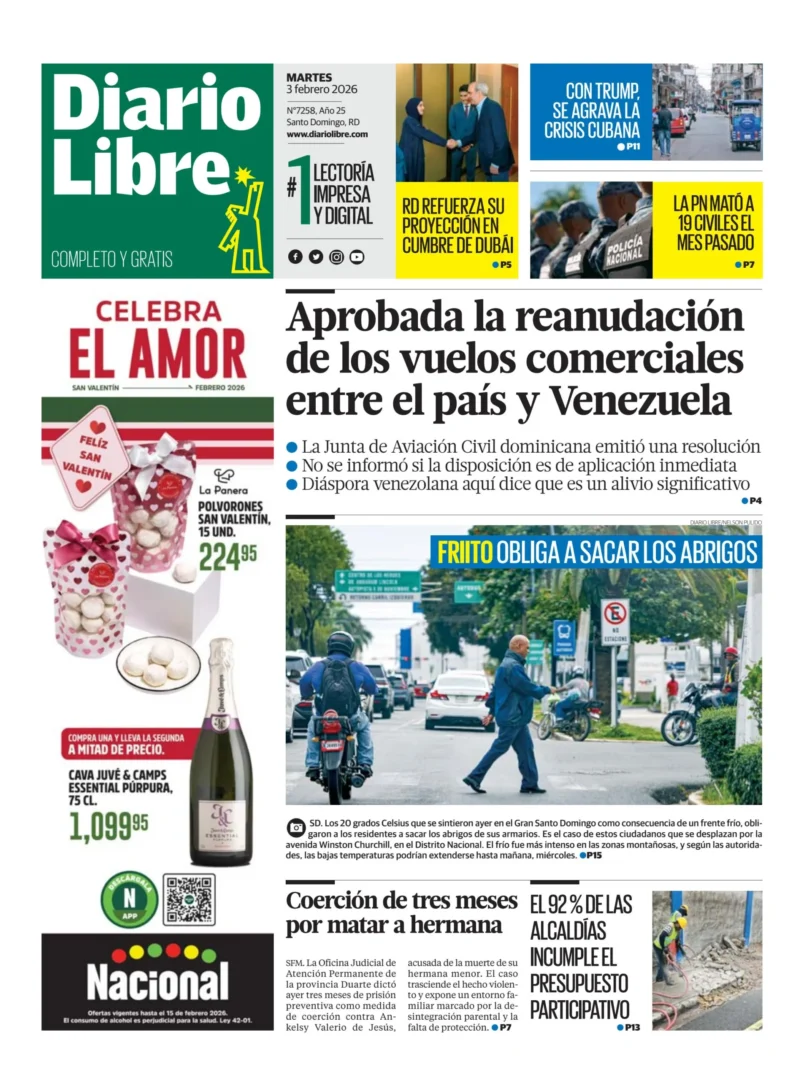 Portada Periódico Diario Libre, Martes 03, Febrero, 2026