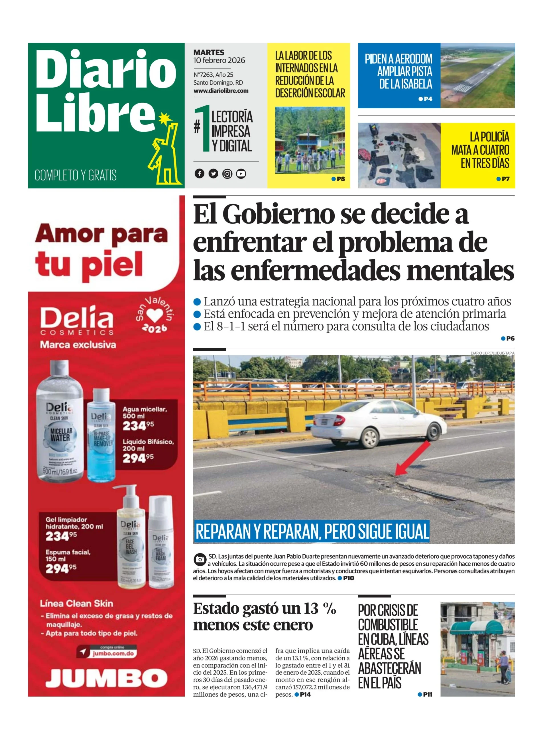 Portada Periódico Diario Libre, Martes 10, Febrero, 2026