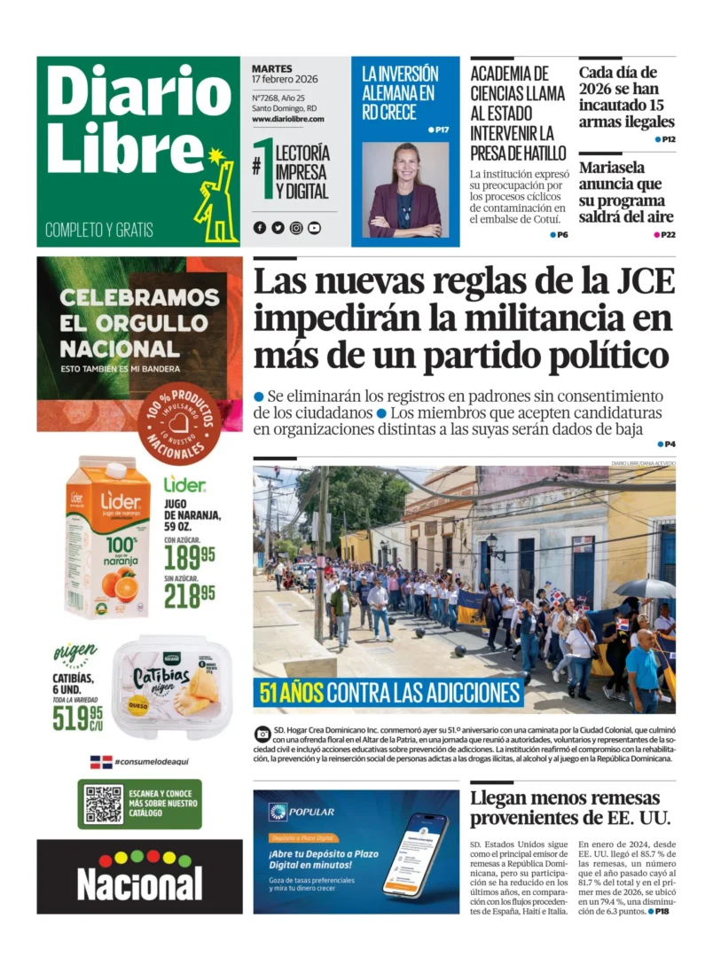 Portada Periódico Diario Libre, Martes 17, Febrero, 2026