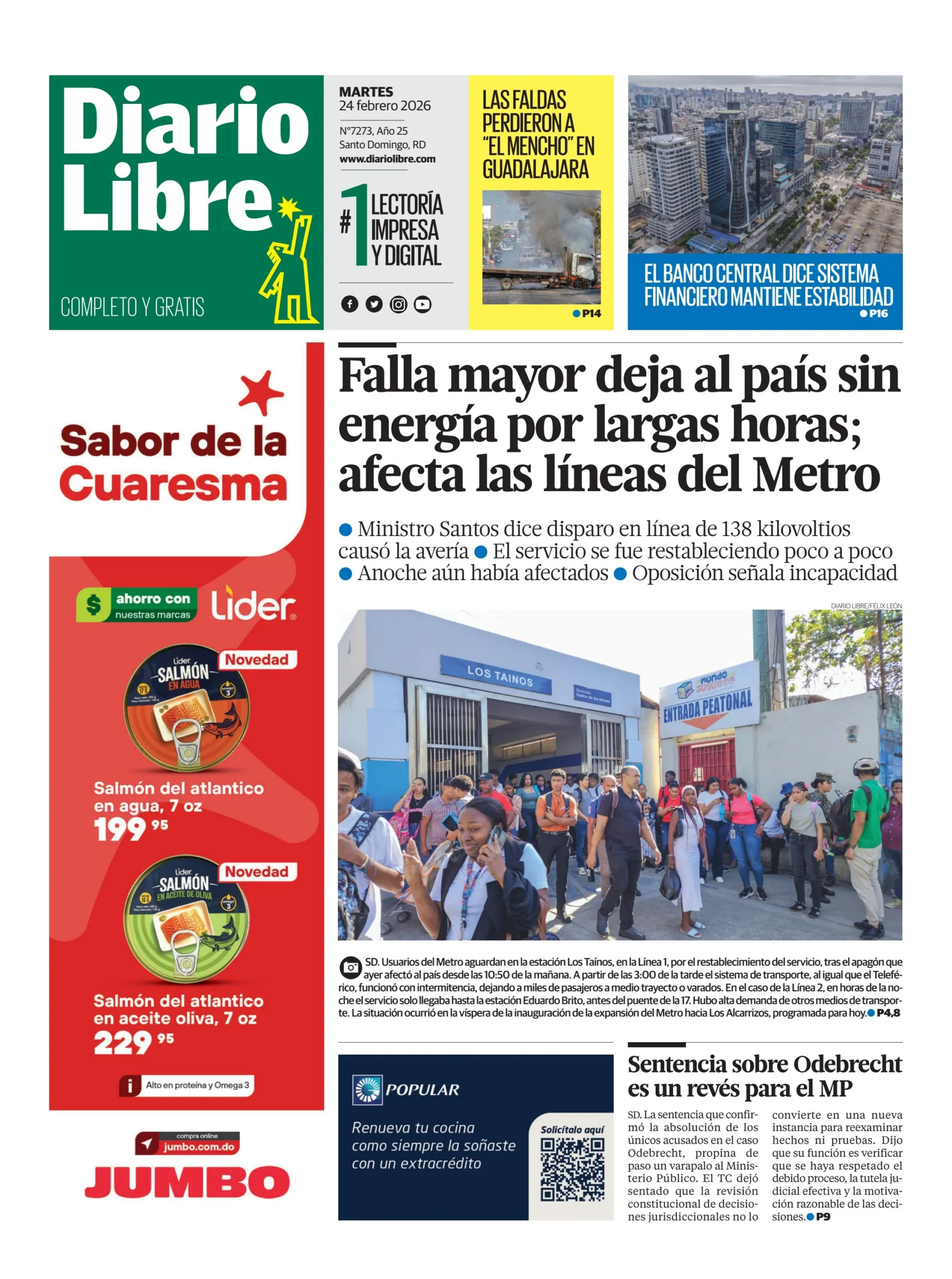 Portada Periódico Diario Libre, Martes 24, Febrero, 2026