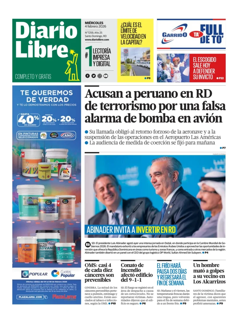 Portada Periódico Diario Libre, Miércoles 04, Febrero, 2026