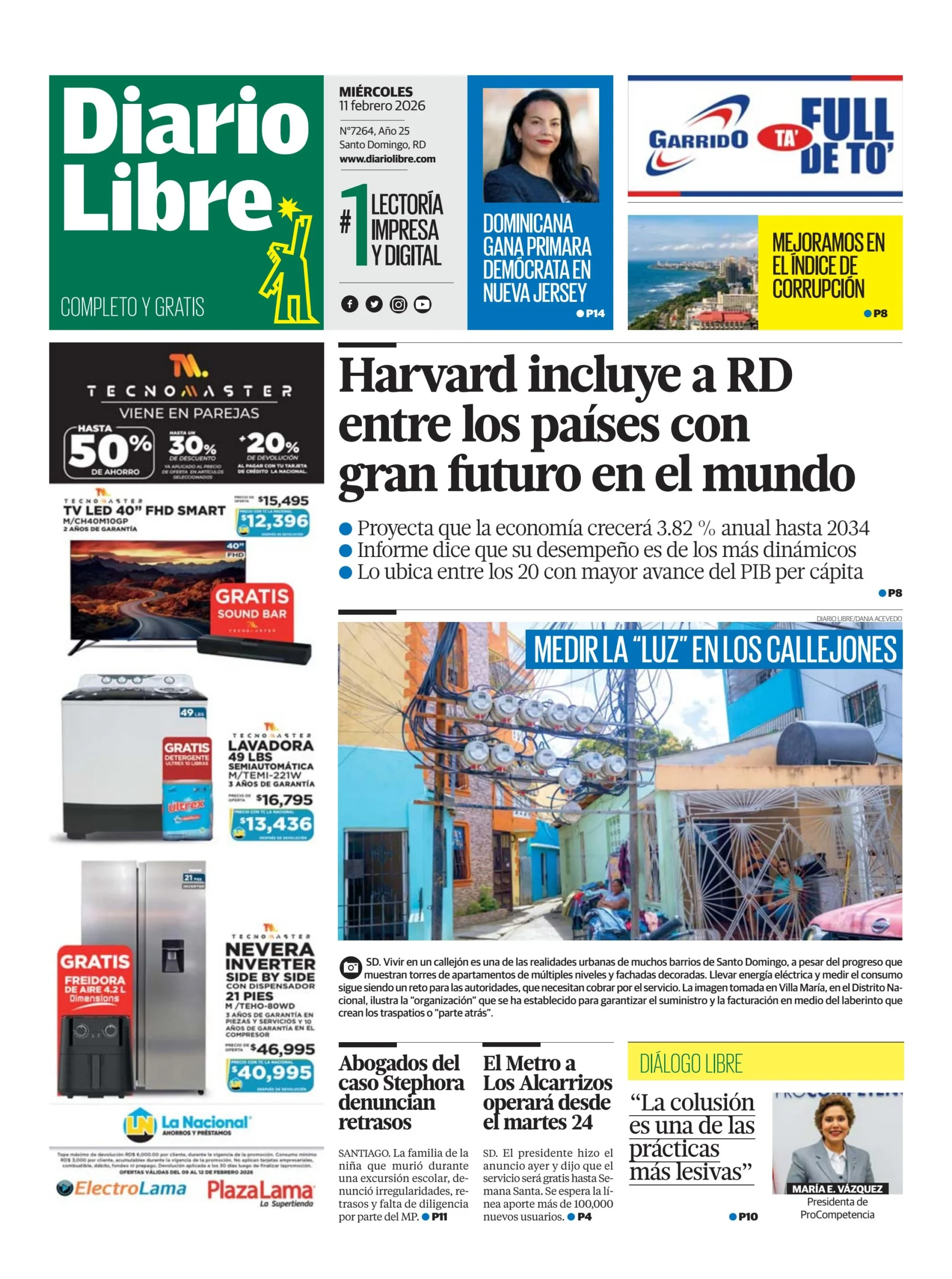 Portada Periódico Diario Libre, Miércoles 11, Febrero, 2026