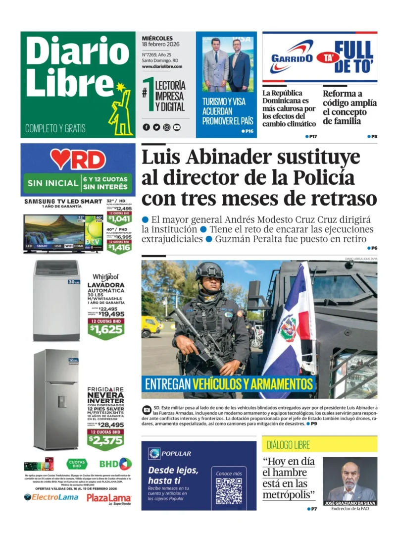 Portada Periódico Diario Libre, Miércoles 18, Febrero, 2026
