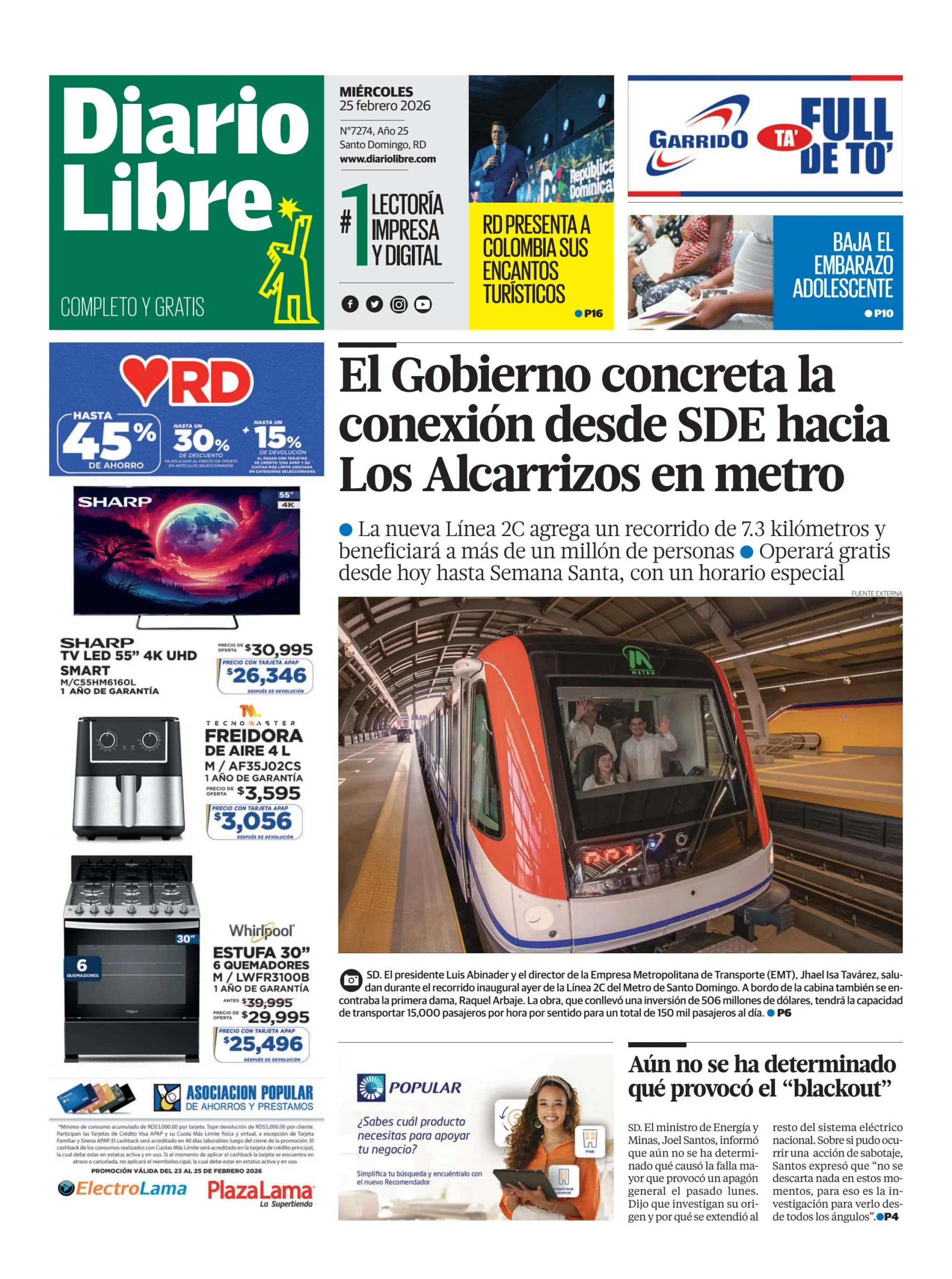 Portada Periódico Diario Libre, Miércoles 25, Febrero, 2026