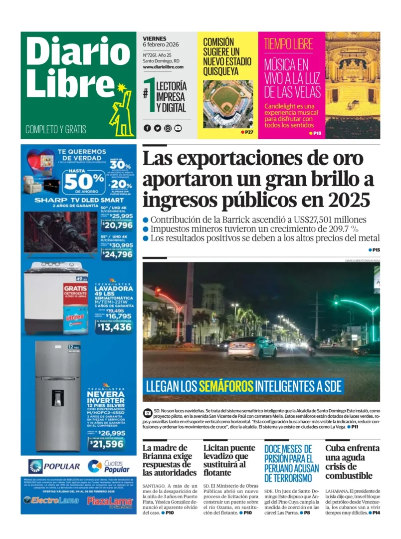 Portada Periódico Diario Libre, Viernes 06, Febrero, 2026