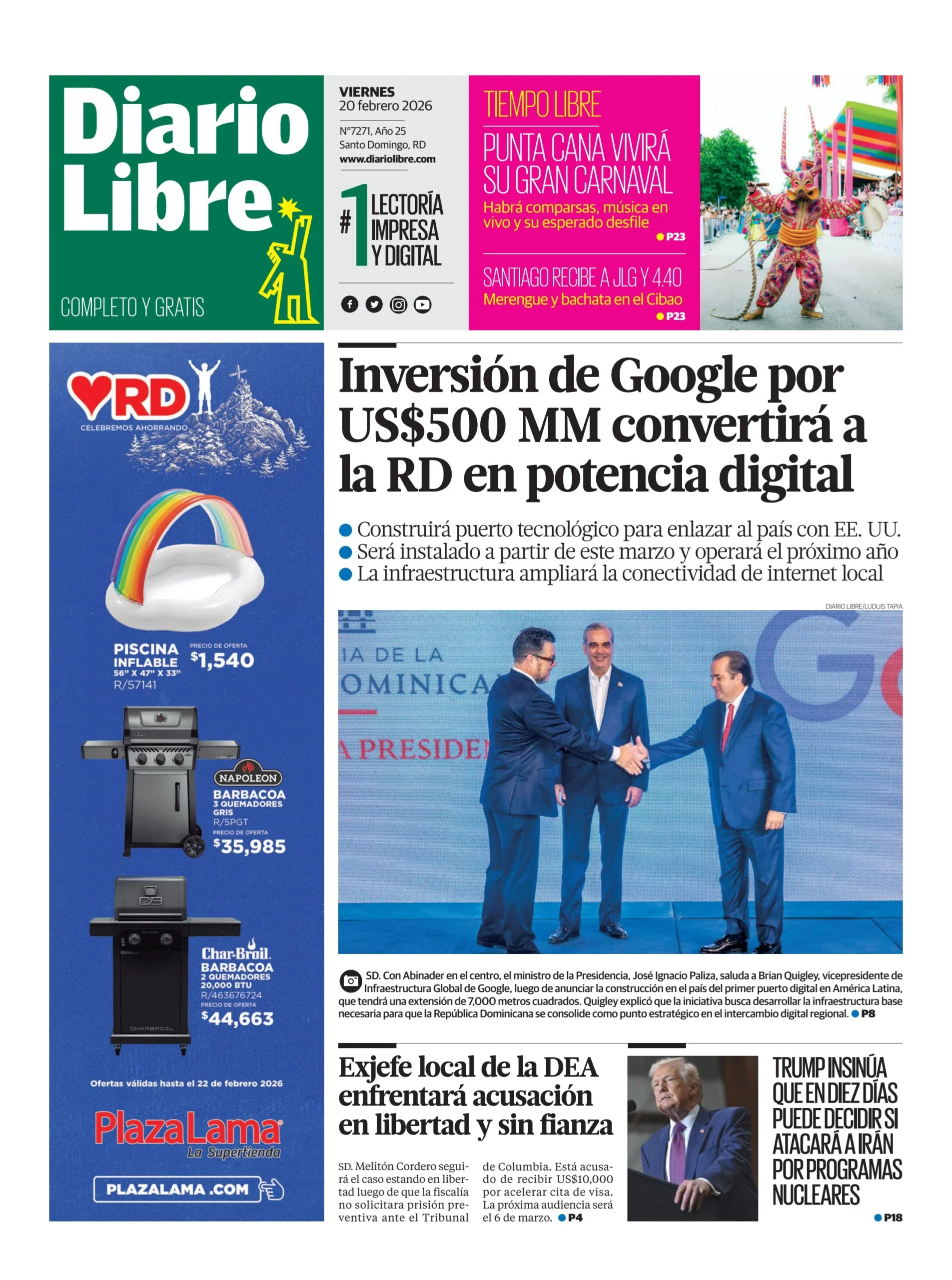 Portada Periódico Diario Libre, Viernes 20, Febrero, 2026