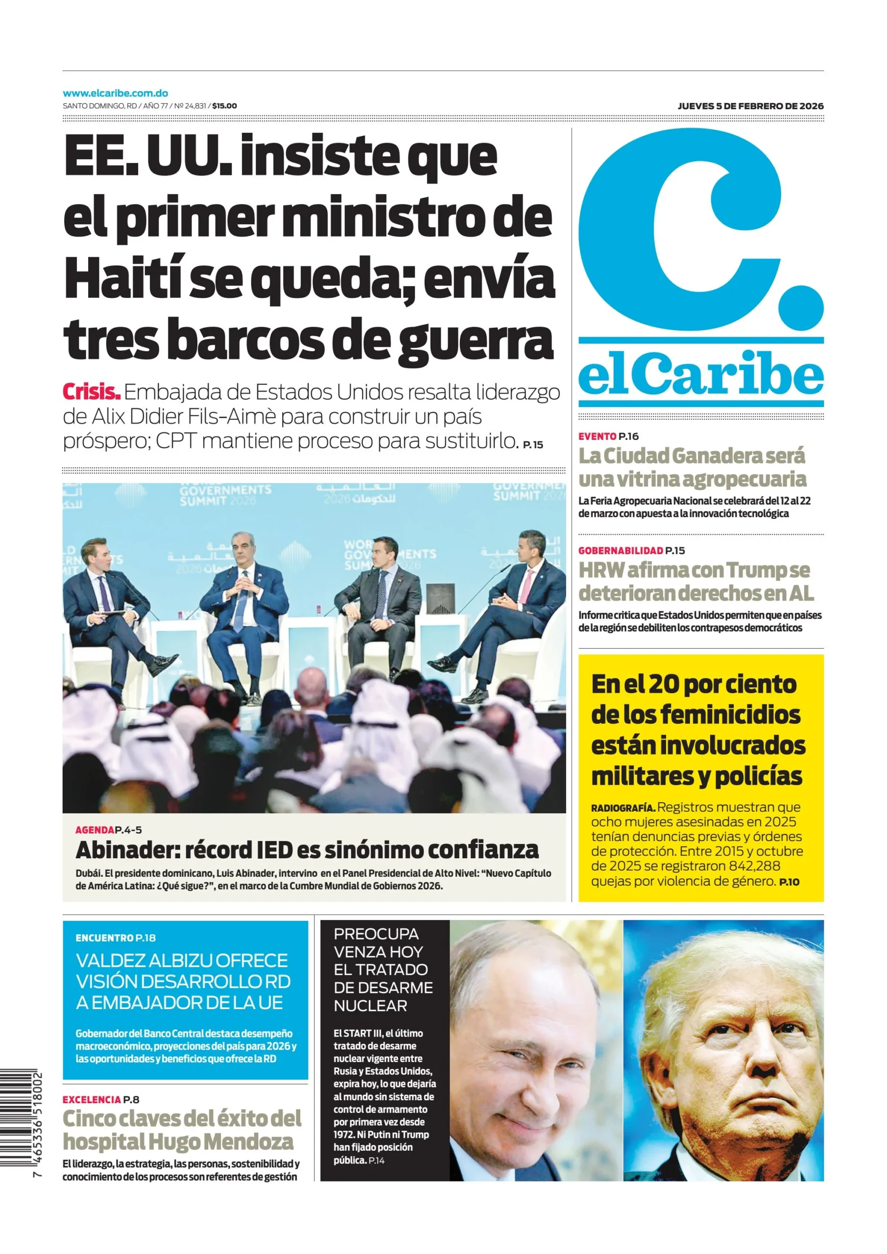 Portada Periódico El Caribe, Jueves 05, Febrero, 2026