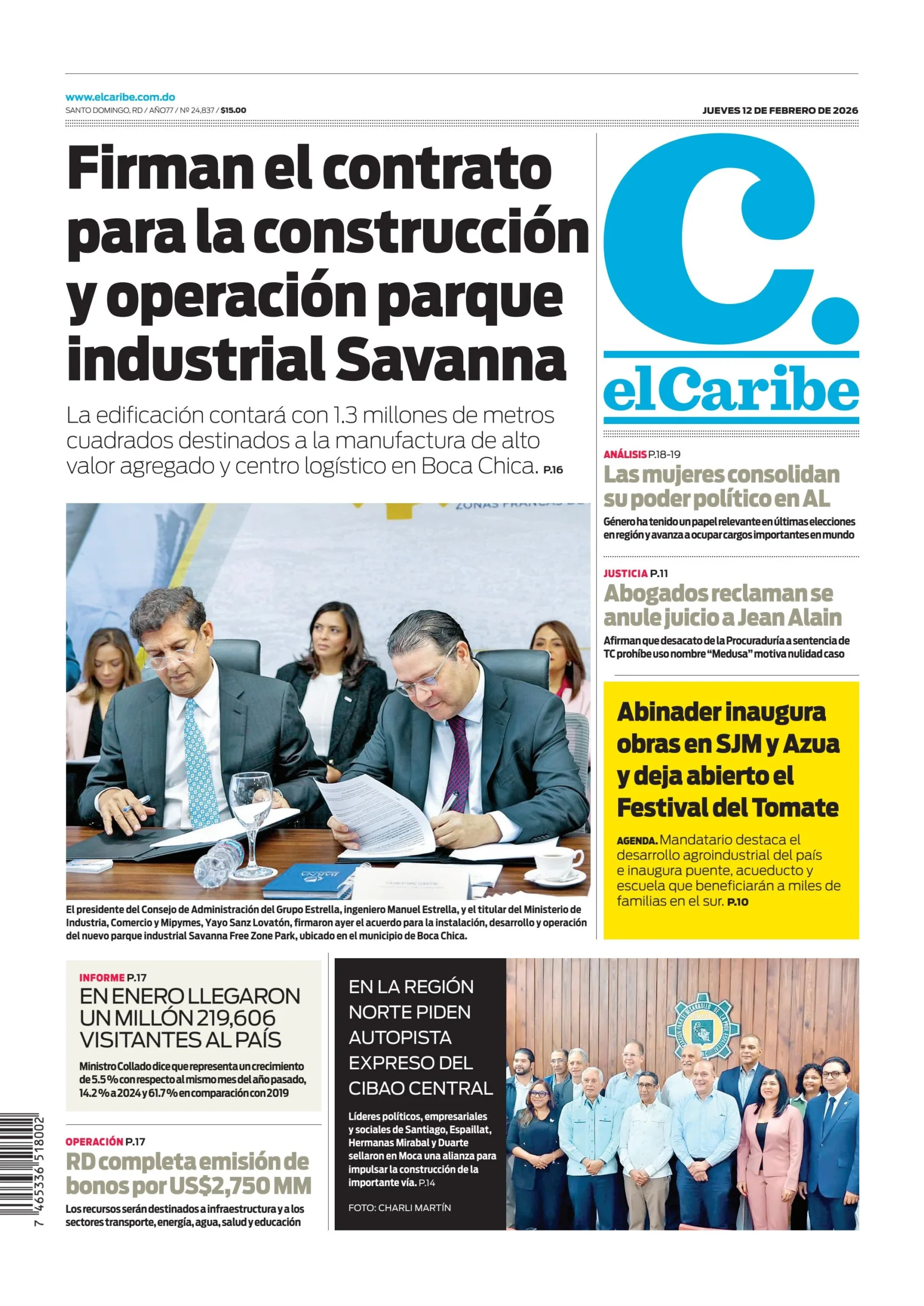 Portada Periódico El Caribe, Jueves 12, Febrero, 2026