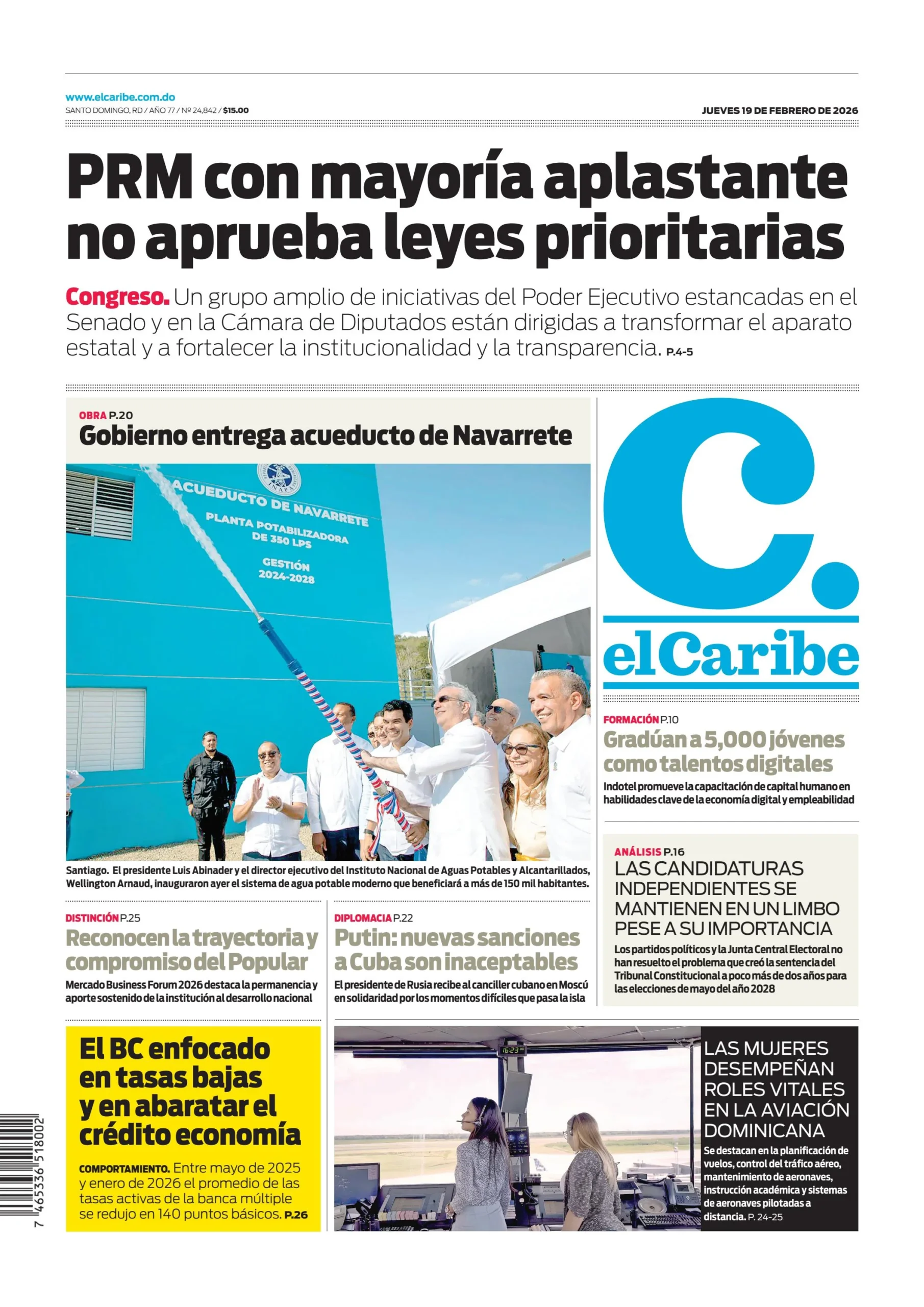 Portada Periódico El Caribe, Jueves 19, Febrero, 2026