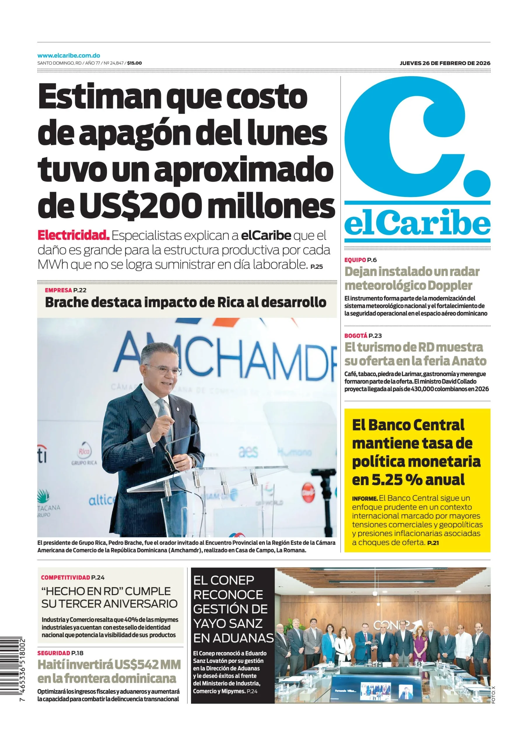 Portada Periódico El Caribe, Jueves 26, Febrero, 2026