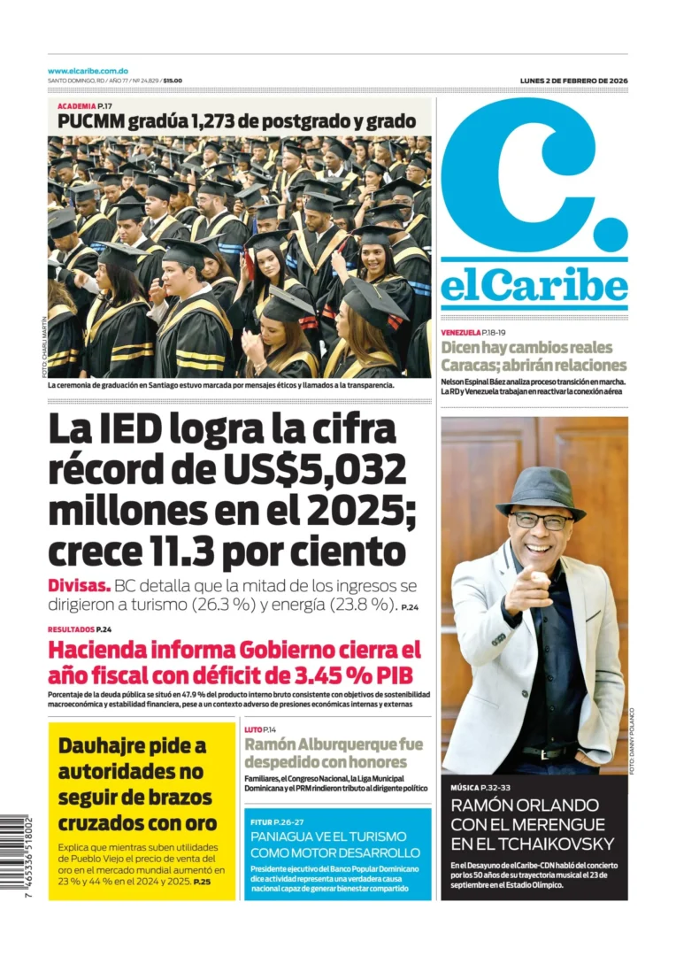 Portada Periódico Listín Diario, Lunes 02, Febrero, 2026