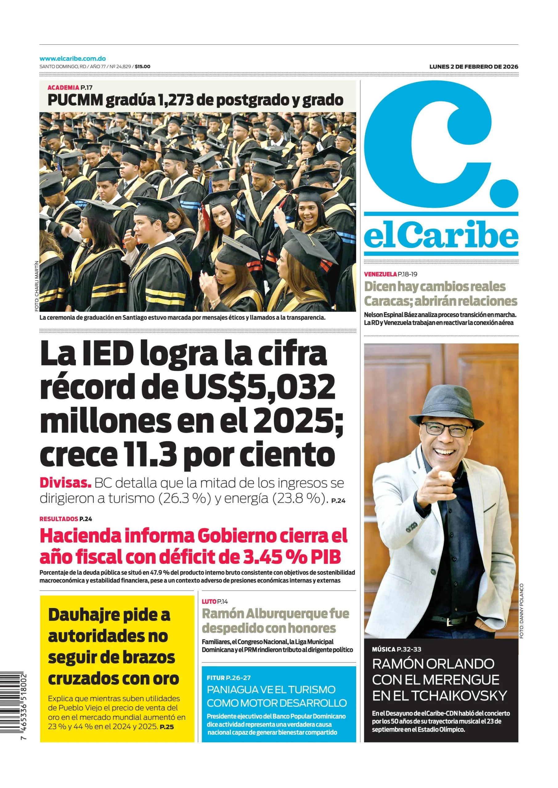 Portada Periódico Listín Diario, Lunes 02, Febrero, 2026