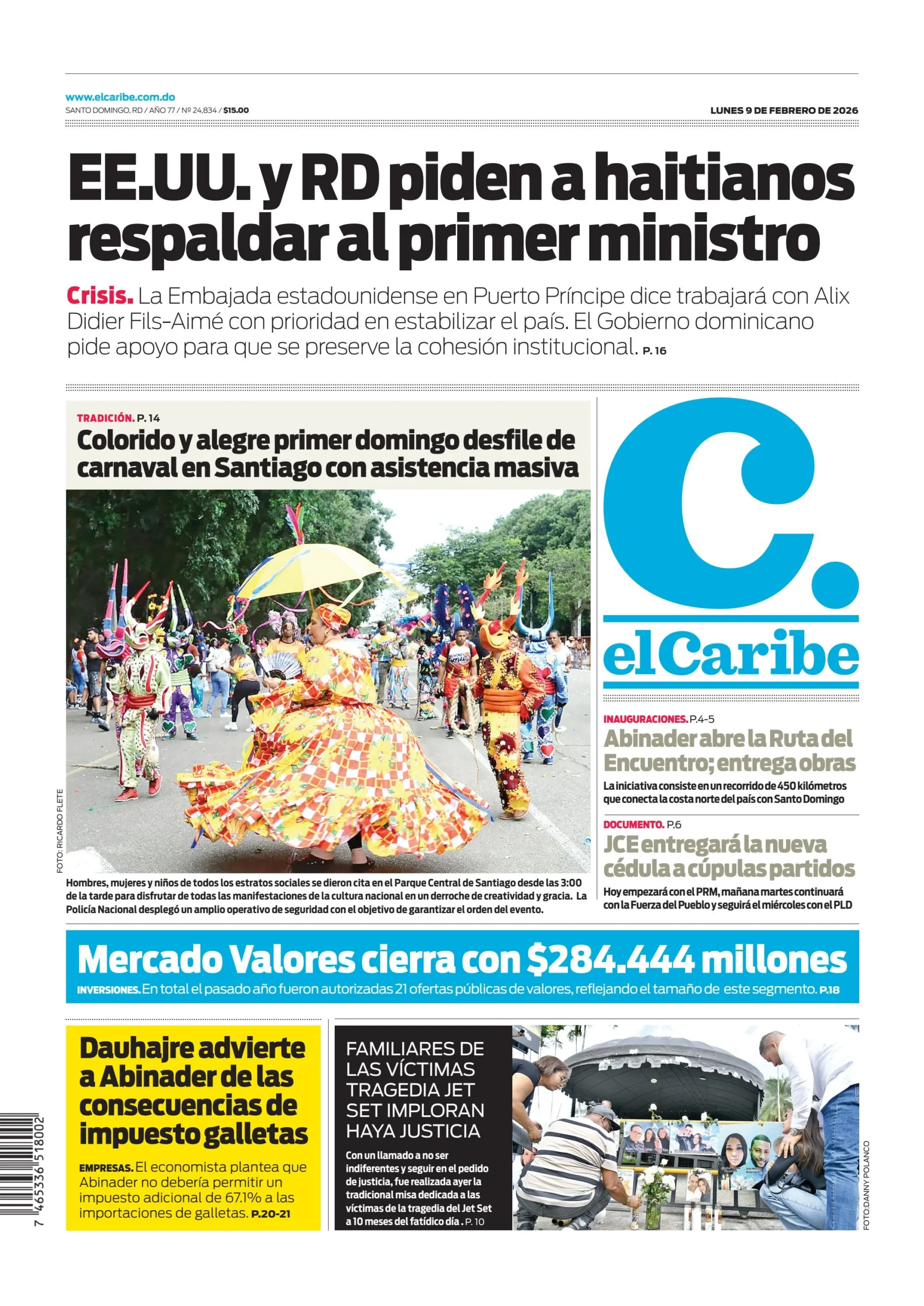 Portada Periódico El Caribe, Lunes 09, Febrero, 2026