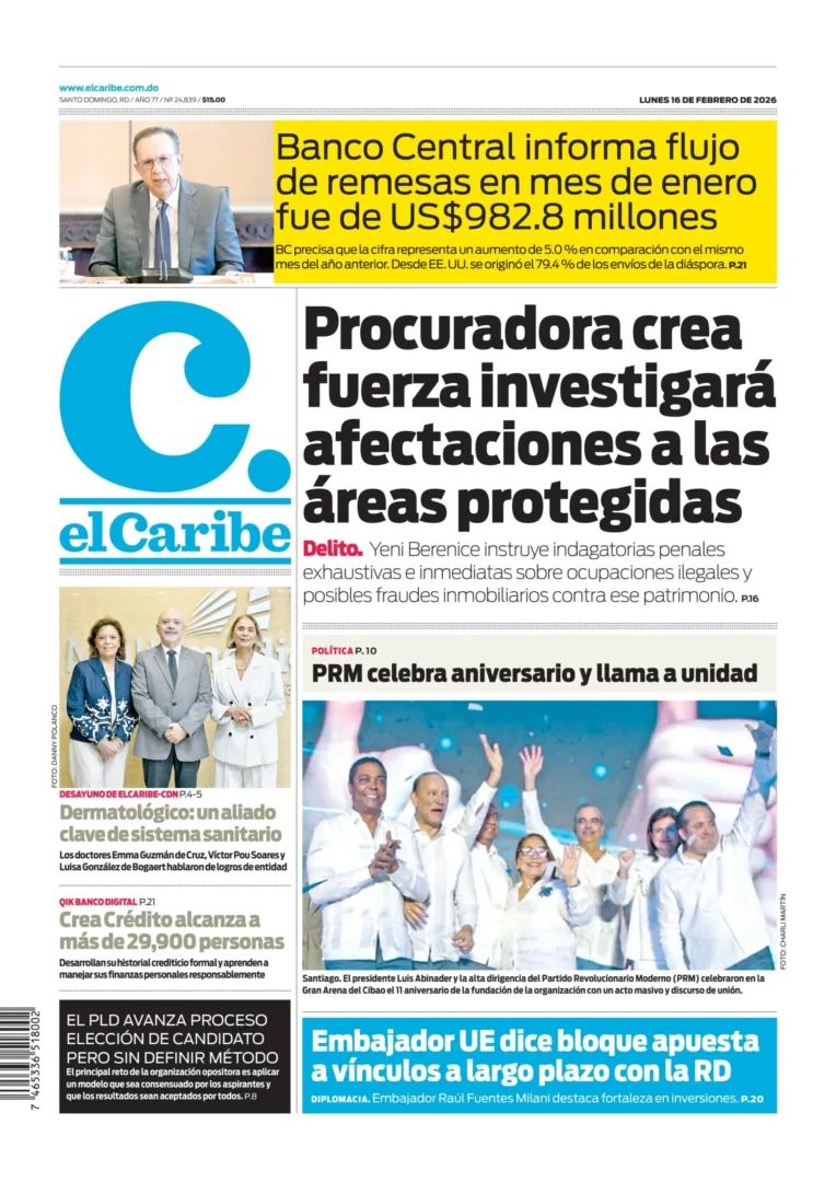 Portada Periódico El Caribe, Lunes 16, Febrero, 2026