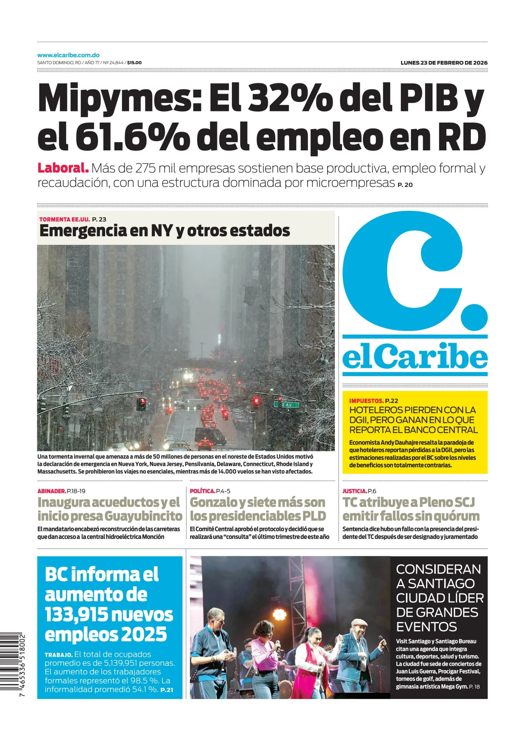 Portada Periódico El Caribe, Lunes 23, Febrero, 2026