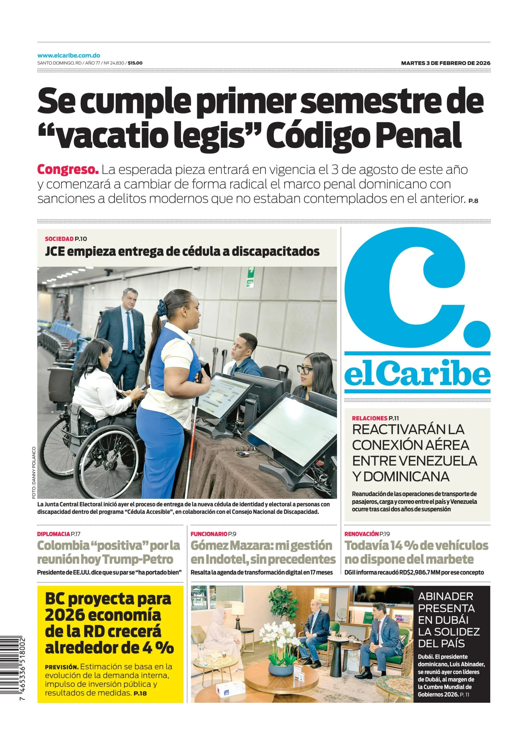 Portada Periódico El Caribe, Martes 03, Febrero, 2026
