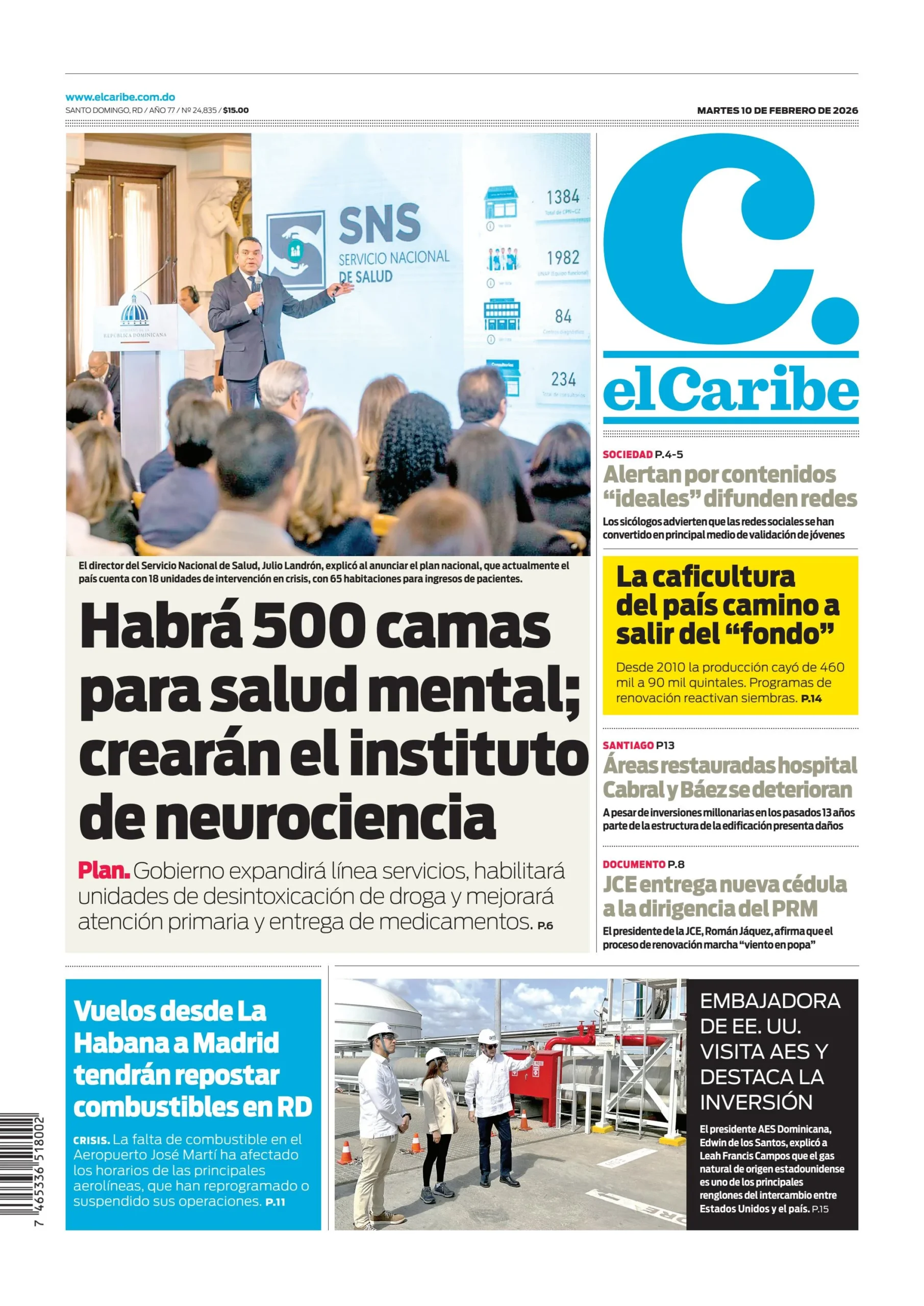 Portada Periódico El Caribe, Martes 10, Febrero, 2026