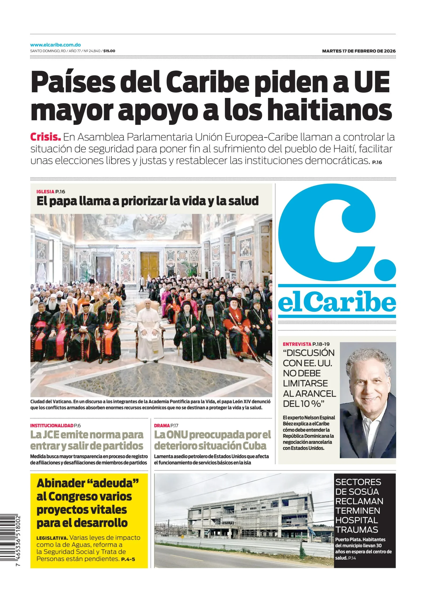 Portada Periódico El Caribe, Martes 17, Febrero, 2026