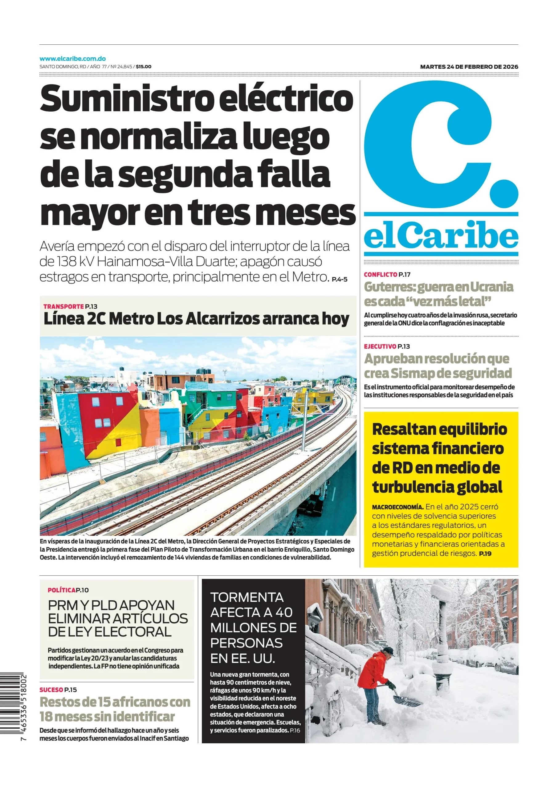 Portada Periódico El Caribe, Martes 24, Febrero, 2026