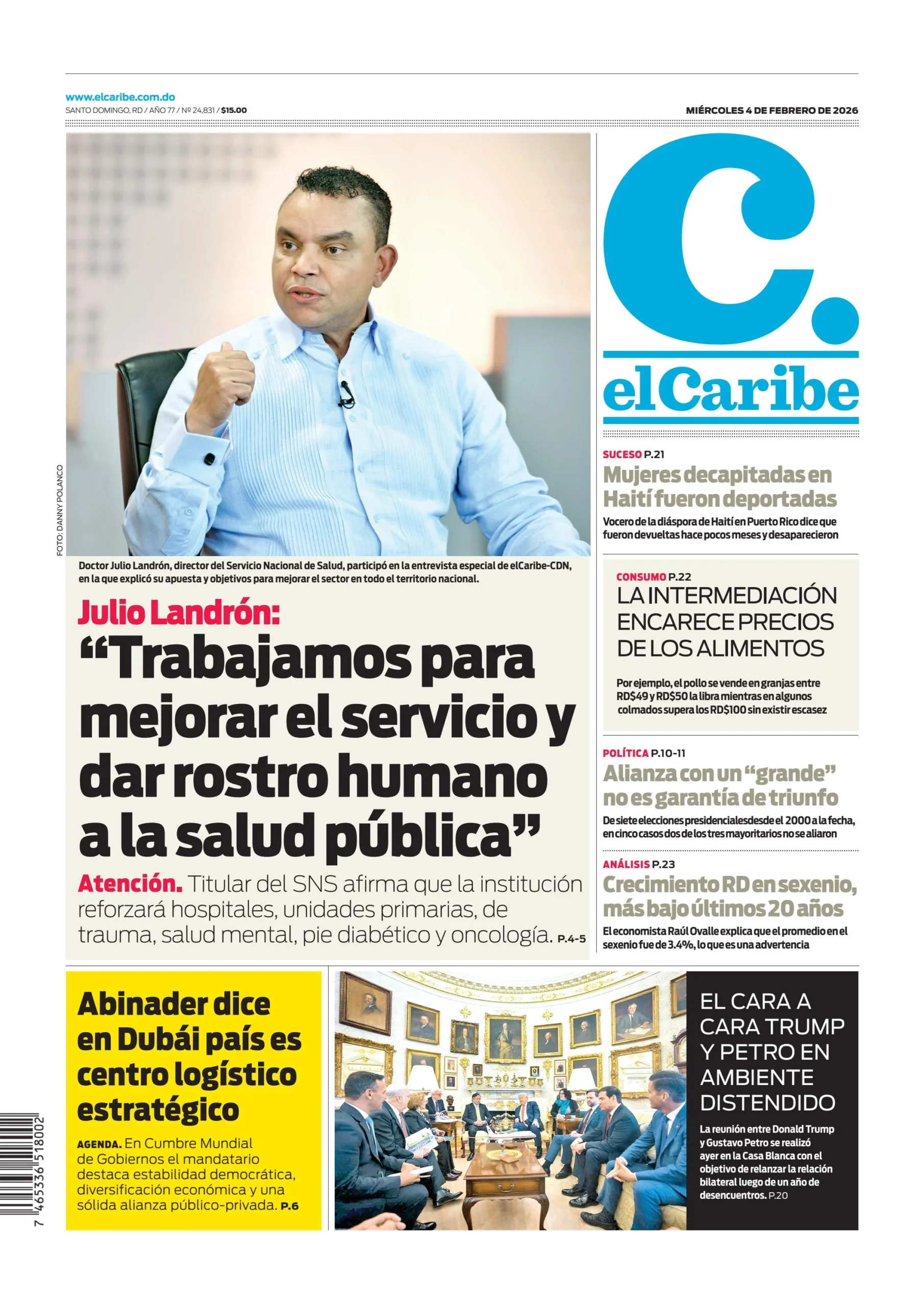 Portada Periódico El Caribe, Miércoles 04, Febrero, 2026