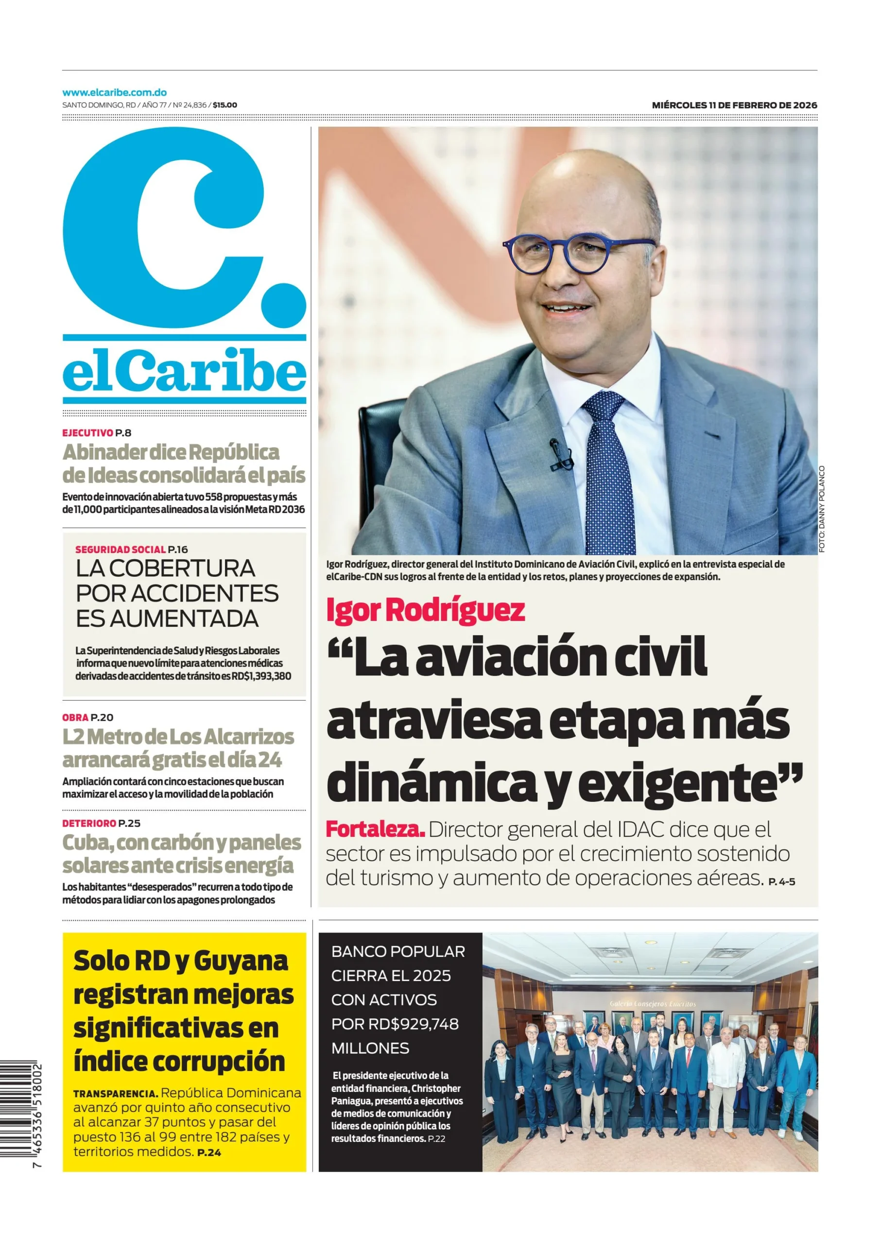 Portada Periódico El Caribe, Miércoles 11, Febrero, 2026