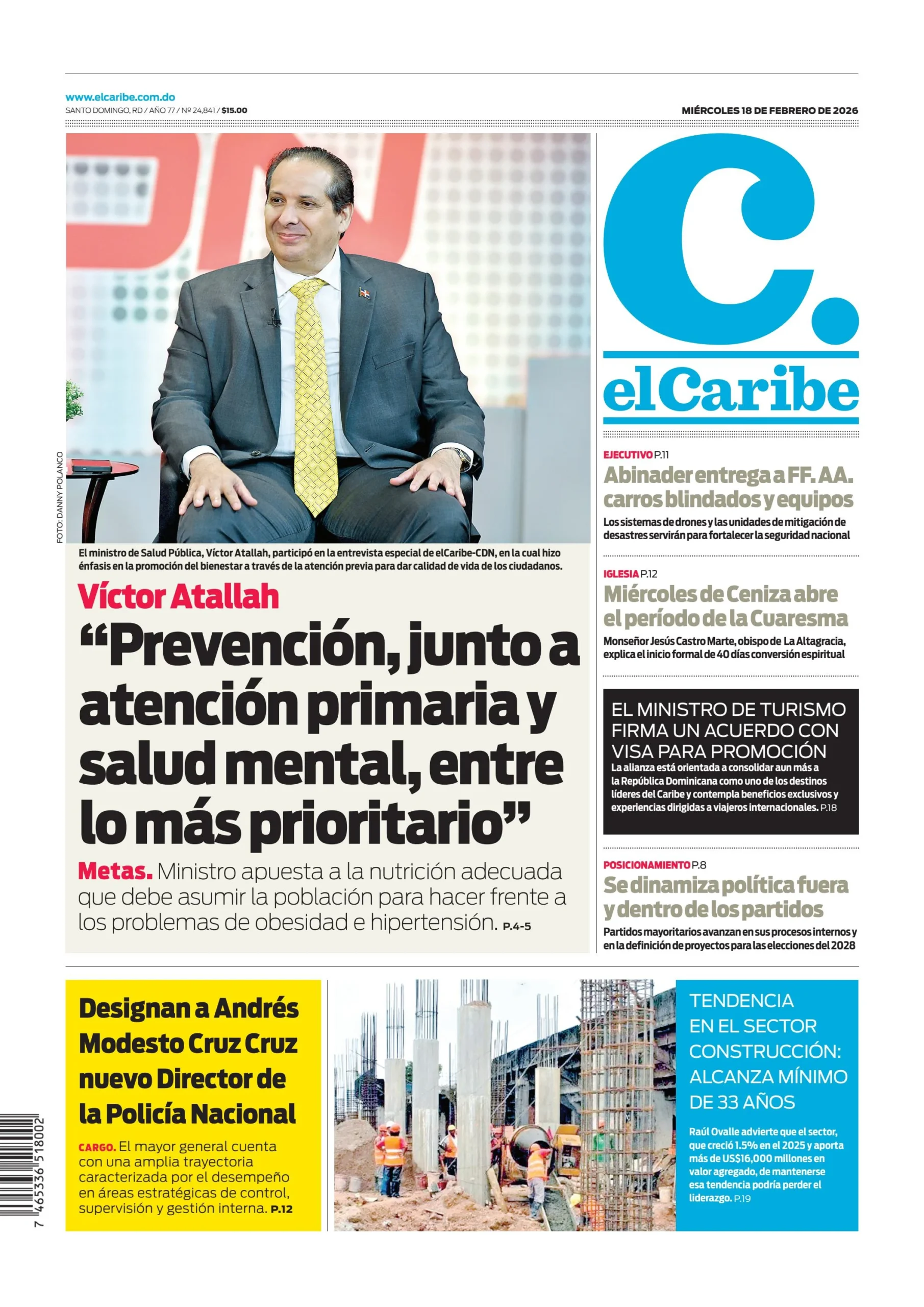 Portada Periódico El Caribe, Miércoles 18, Febrero, 2026