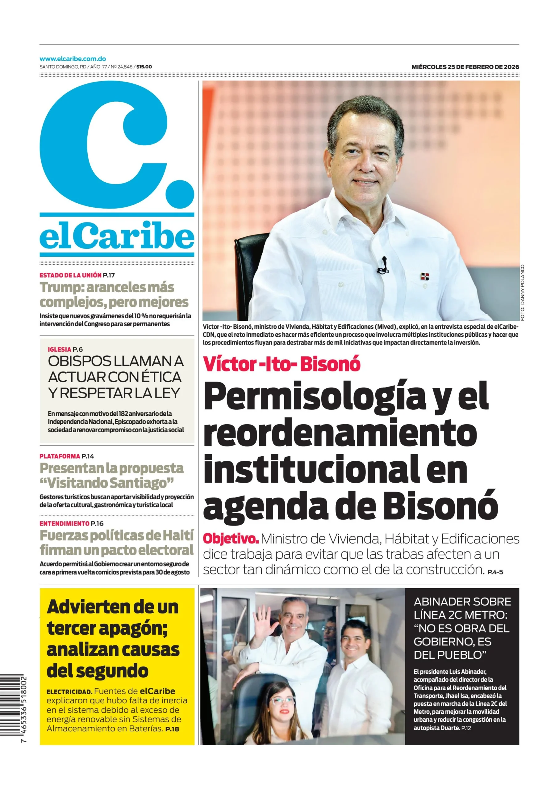 Portada Periódico El Caribe, Miércoles 25, Febrero, 2026