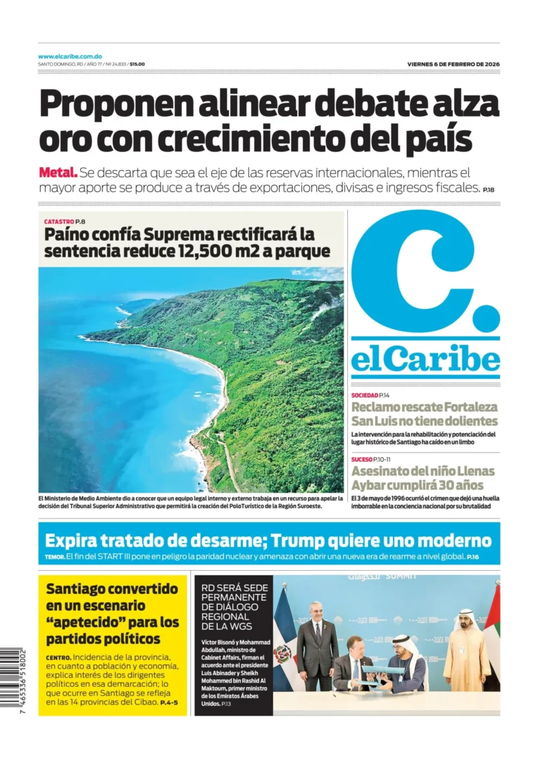 Portada Periódico El Caribe, Viernes 06, Febrero, 2026