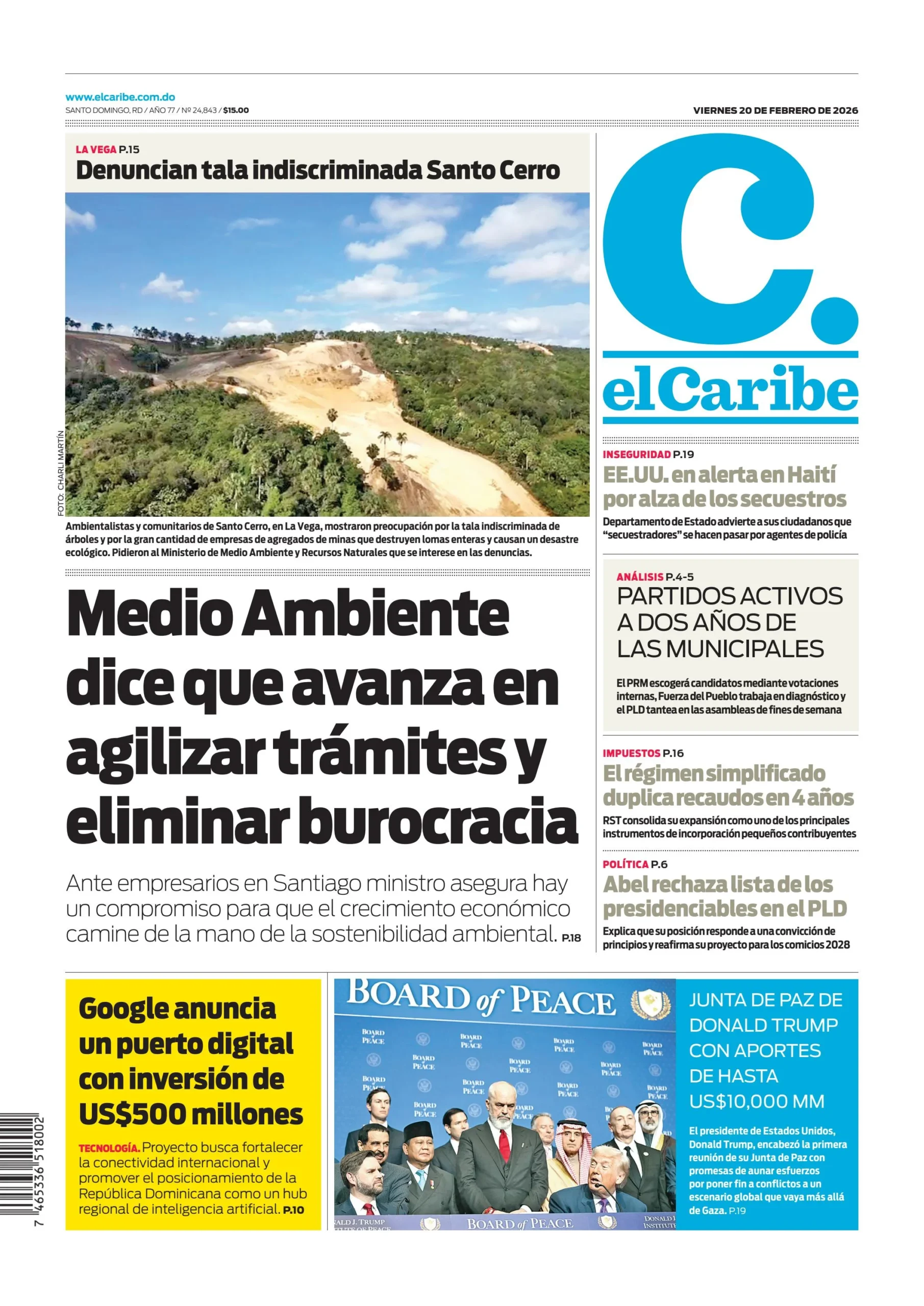Portada Periódico El Caribe, Viernes 20, Febrero, 2026