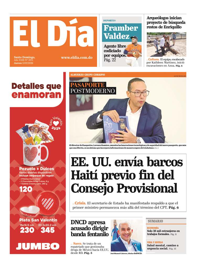 Portada Periódico El Día, Jueves 05, Febrero, 2026