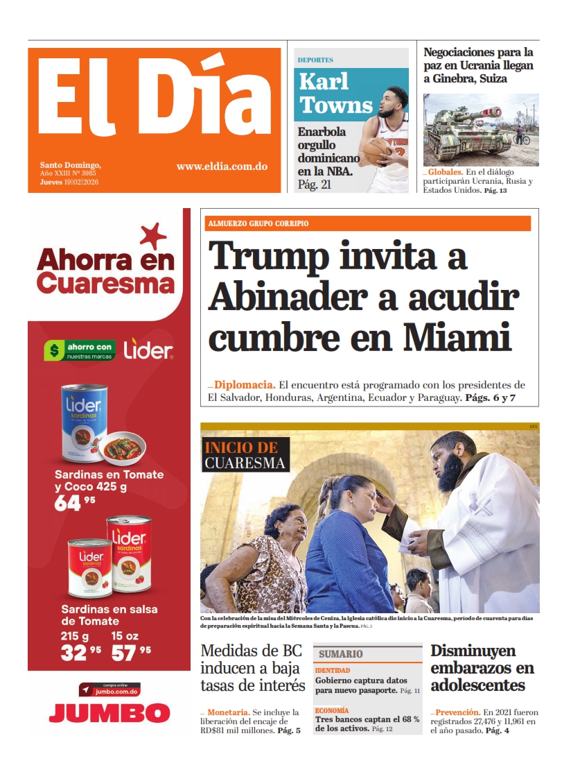 Portada Periódico El Día, Jueves 19, Febrero, 2026