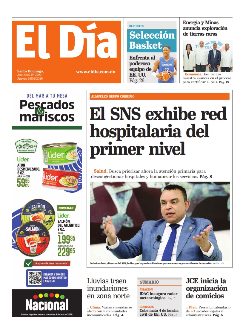 Portada Periódico El Día, Jueves 26, Febrero, 2026