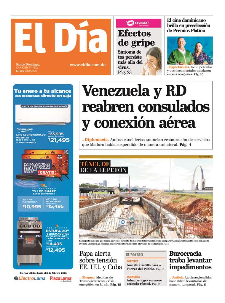 Portada Periódico El Día, Lunes 02, Febrero, 2026