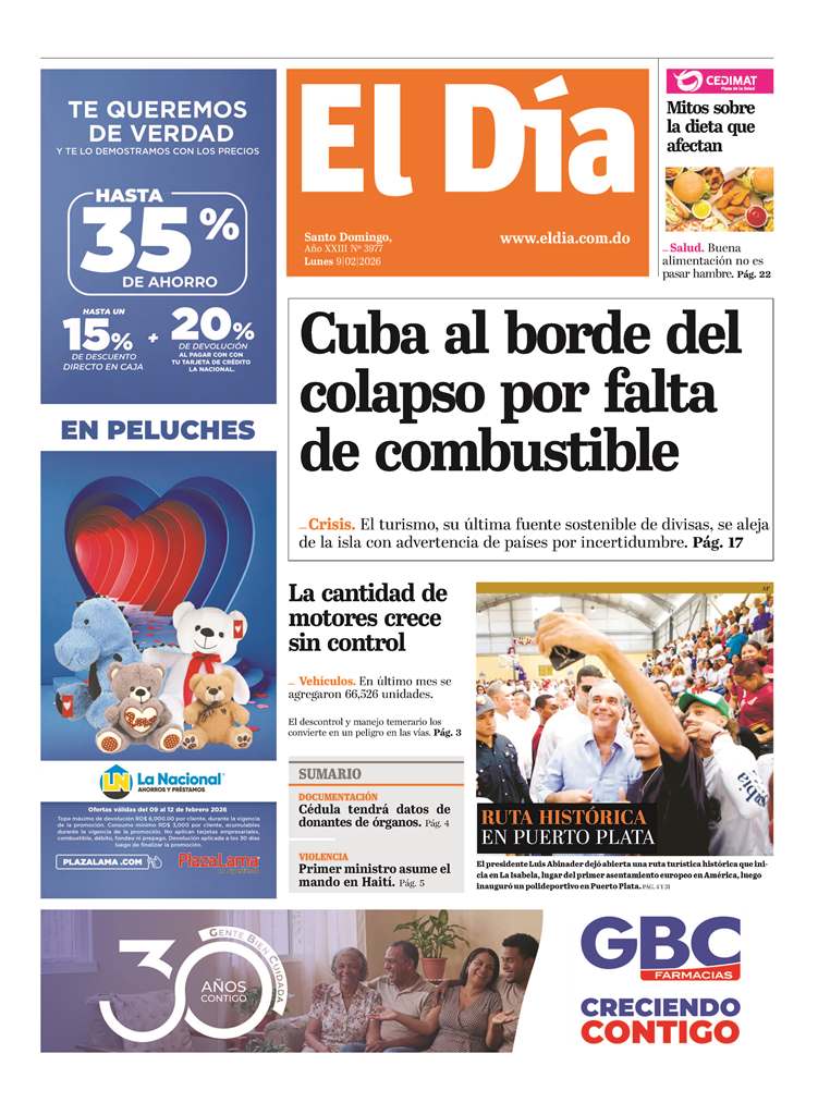 Portada Periódico El Día, Lunes 09, Febrero, 2026