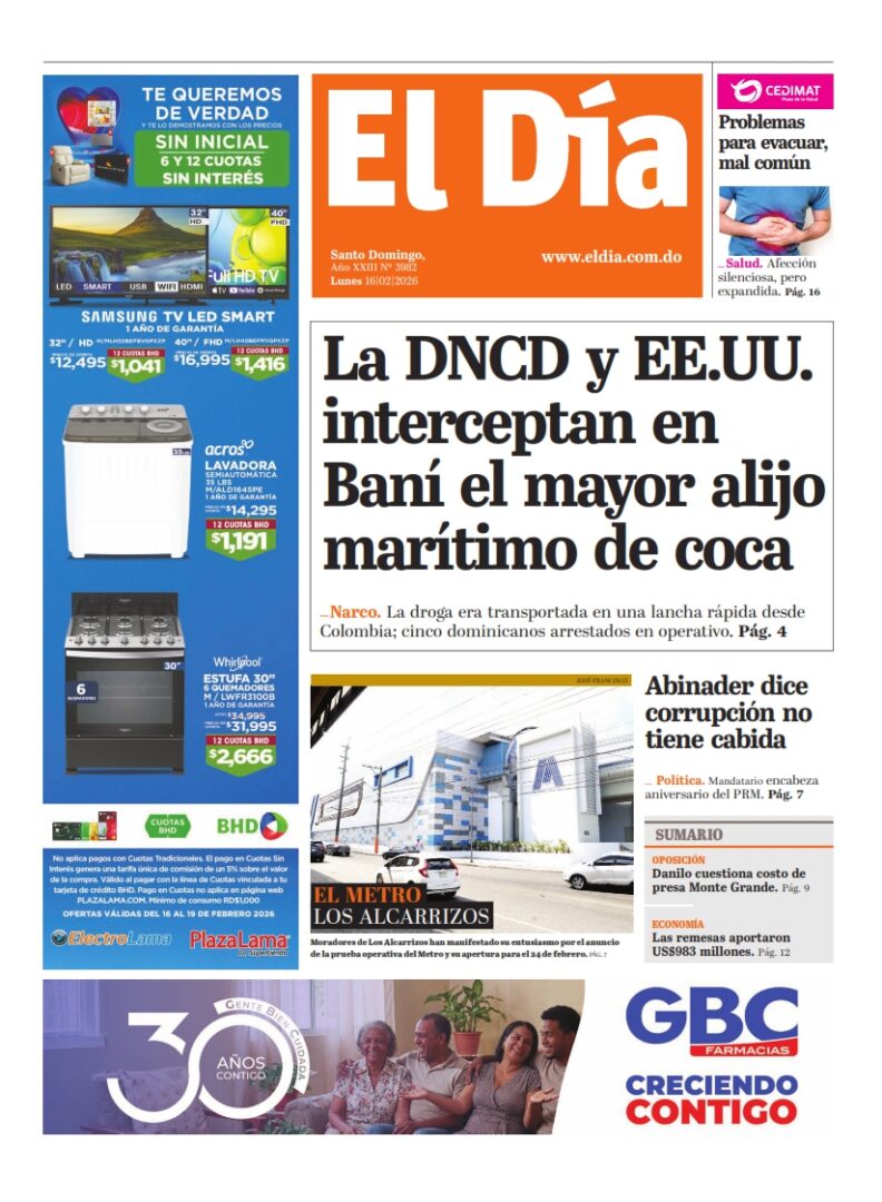 Portada Periódico El Día, Lunes 16, Febrero, 2026