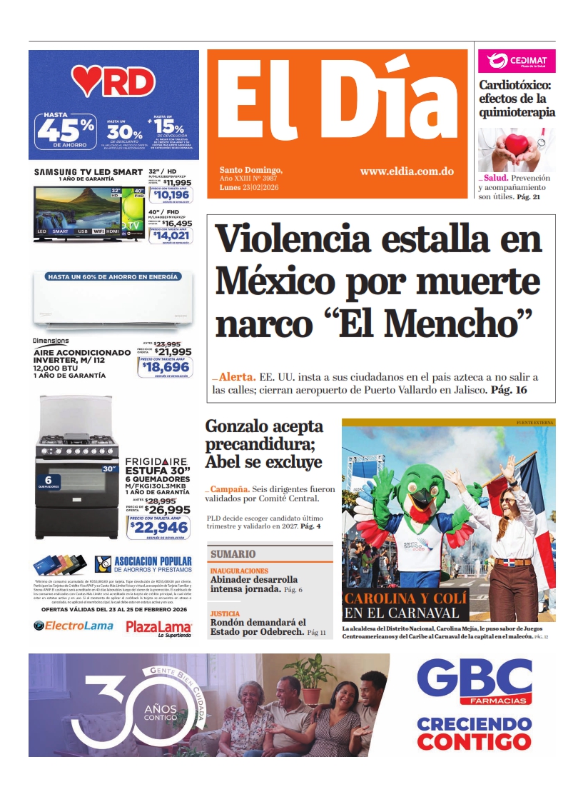 Portada Periódico El Día, Lunes 23, Febrero, 2026