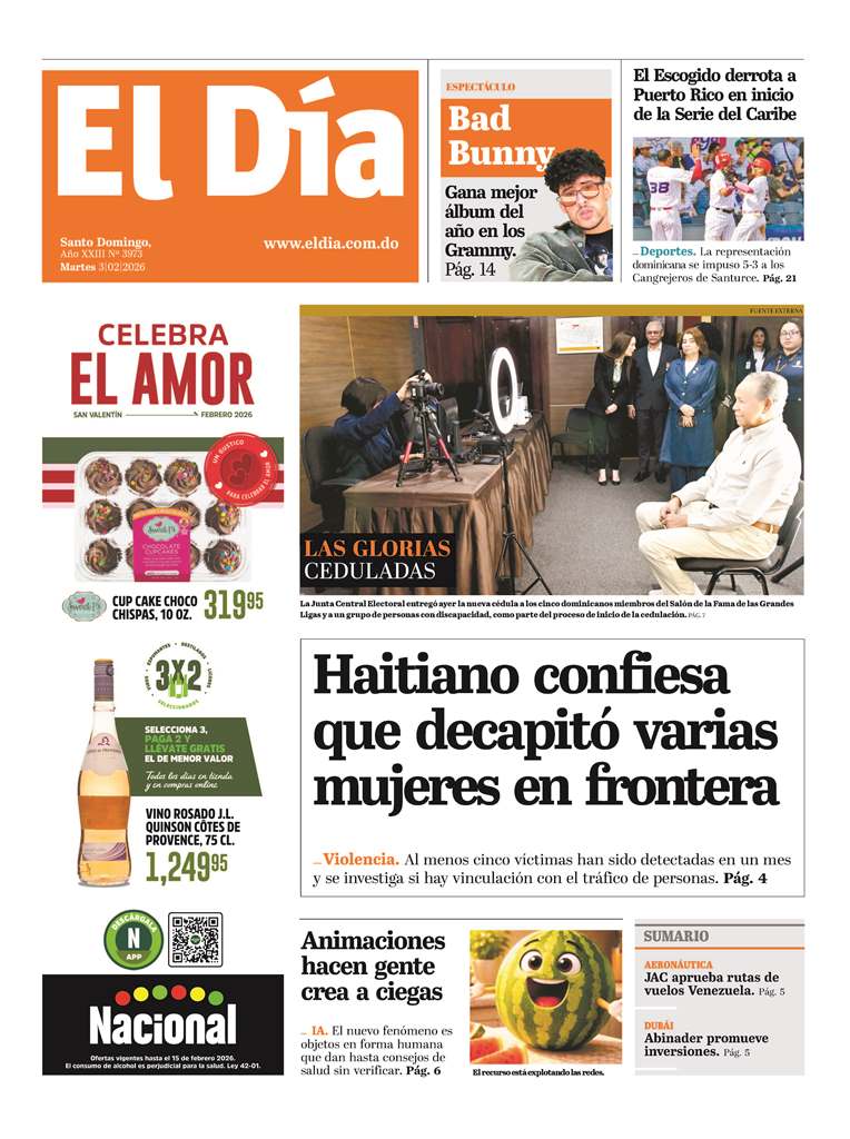 Portada Periódico El Día, Martes 03, Febrero, 2026