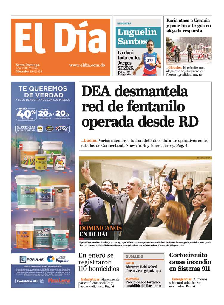 Portada Periódico El Día, Miércoles 04, Febrero, 2026