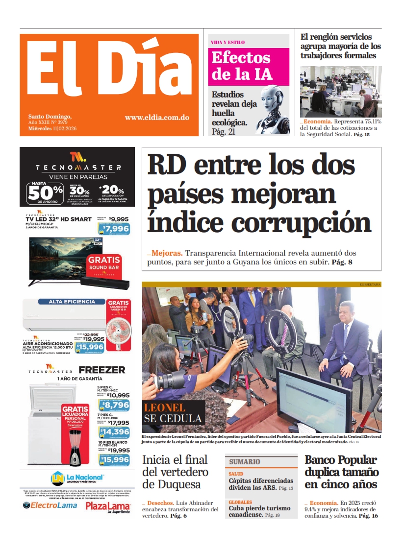 Portada Periódico El Día, Miércoles 11, Febrero, 2026