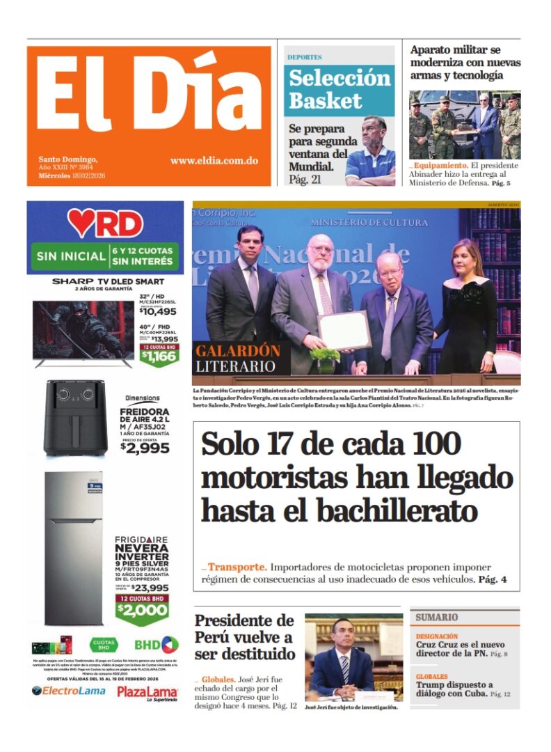 Portada Periódico El Día, Miércoles 18, Febrero, 2026